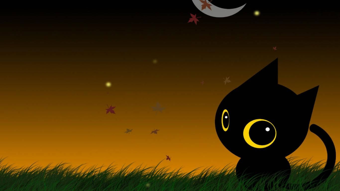 Gato Kawaii de Halloween en el Pasto Fondos de pantalla