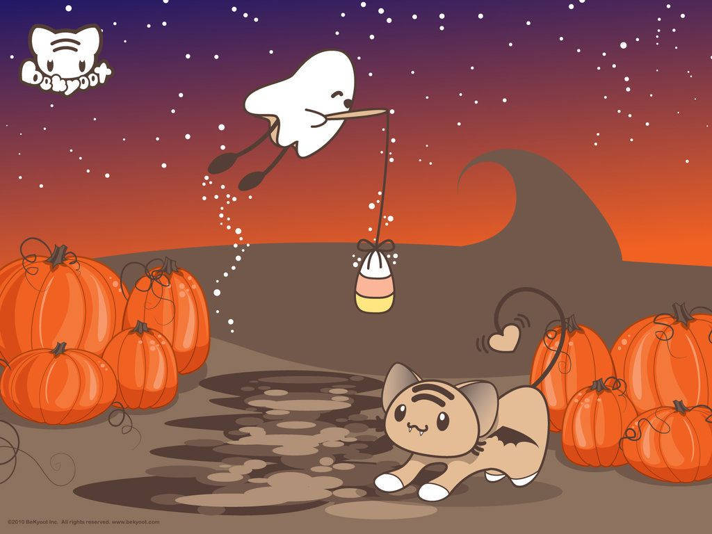 Gato Kawaii Estirándose para Halloween Fondos de pantalla