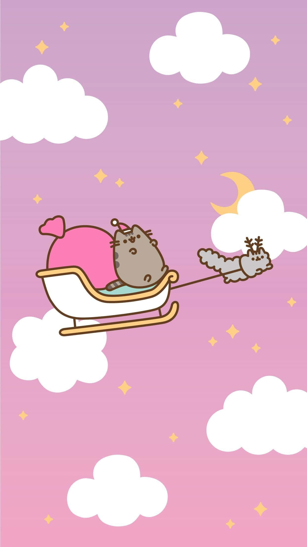 Gato Pusheen en Trineo Navideño Rosa Fondos de pantalla