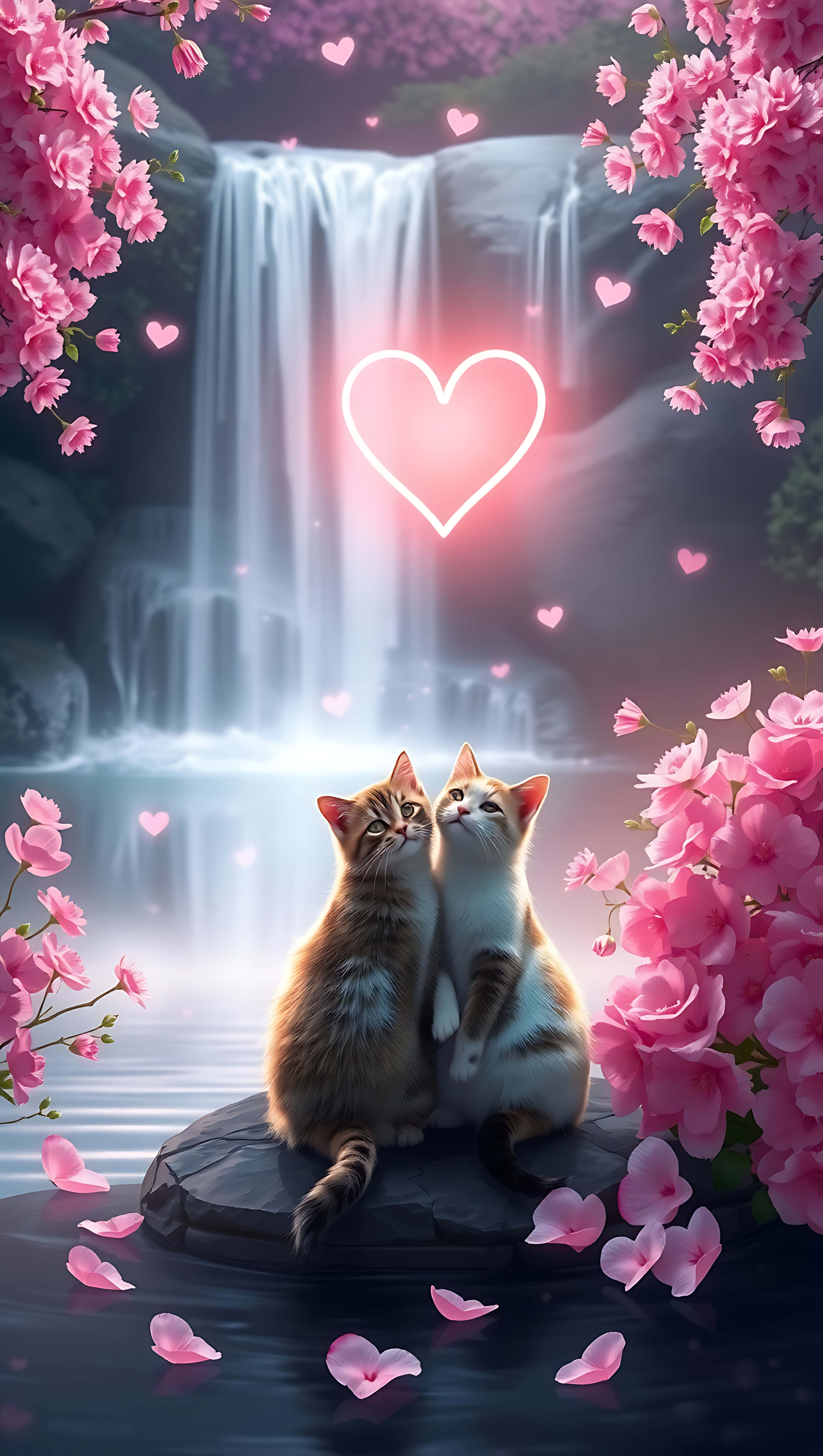 Gatos románticos junto a la cascada, fondo para smartphone Fondos de pantalla
