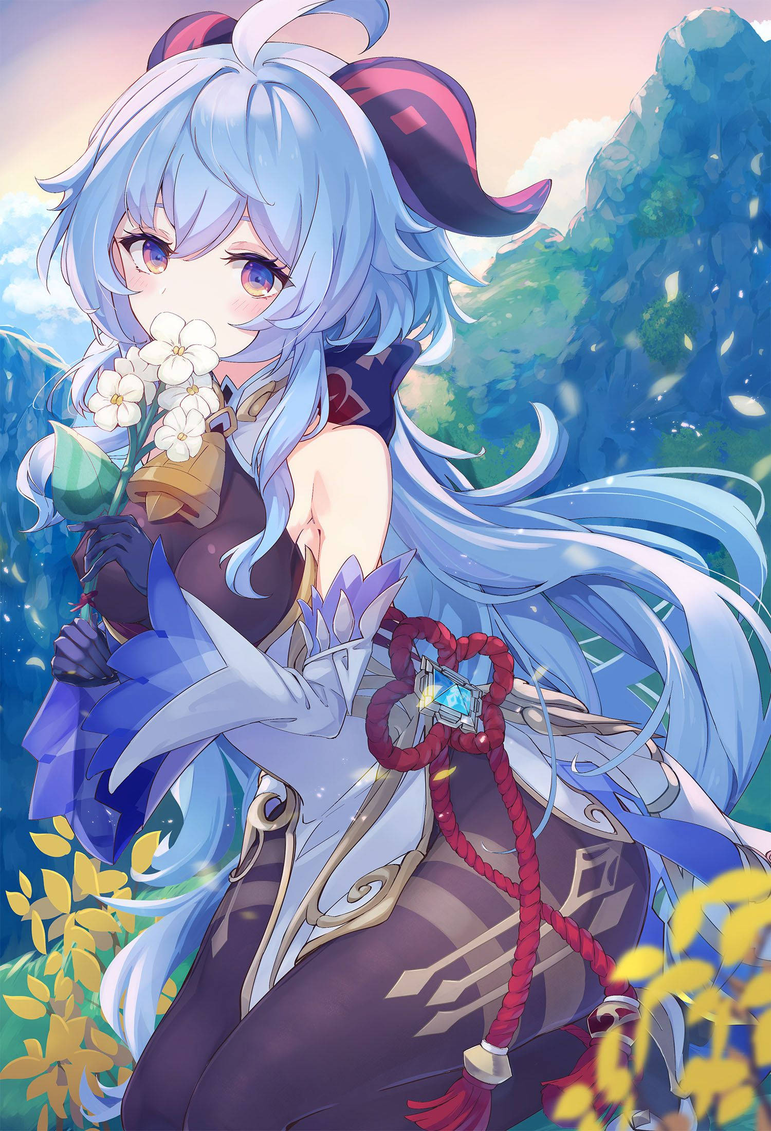 Genshin Impact Ganyu oliendo flores PFP Fondos de pantalla