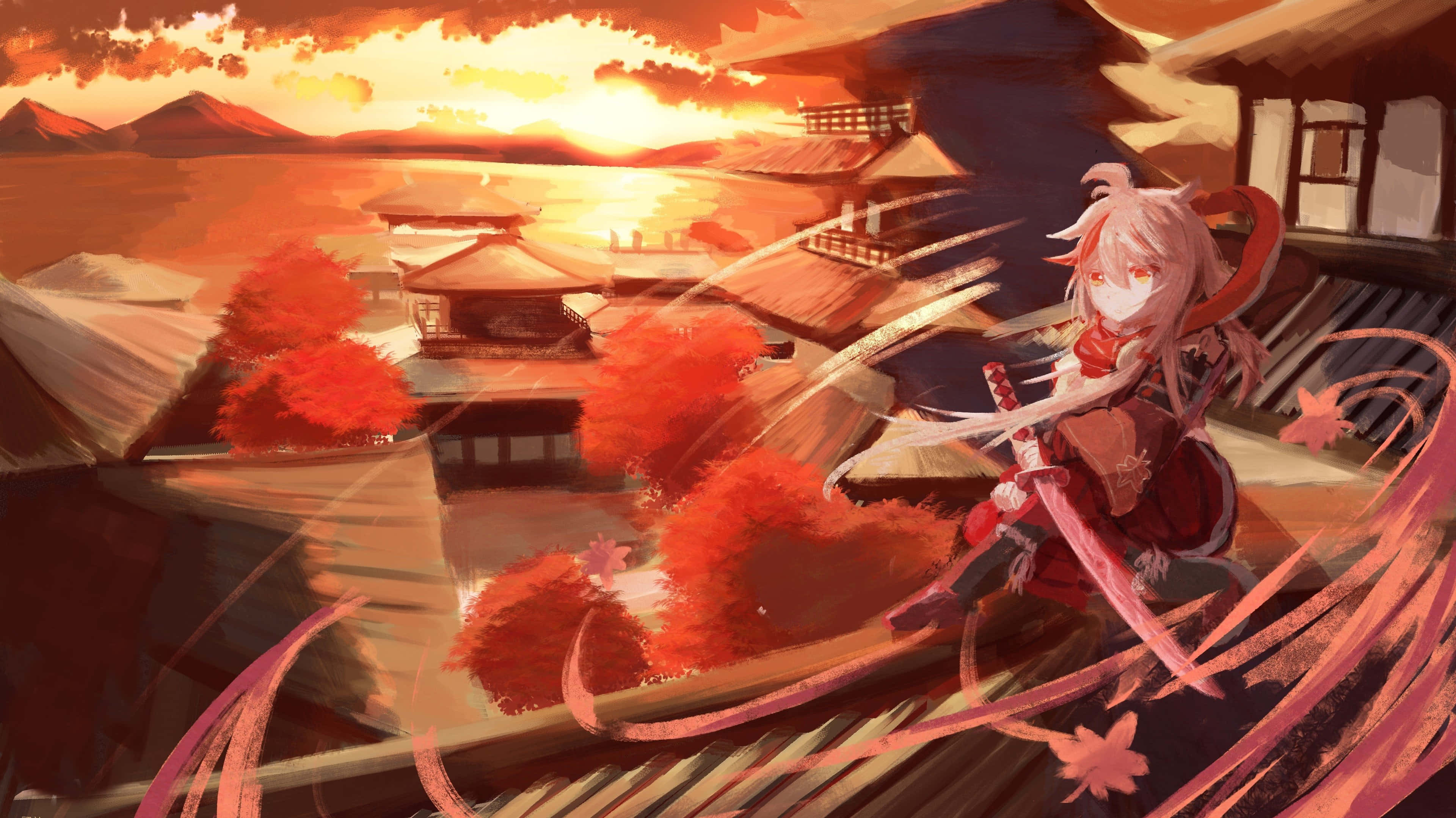 Genshin Impact Kazuha sentado en un tejado Fondos de pantalla
