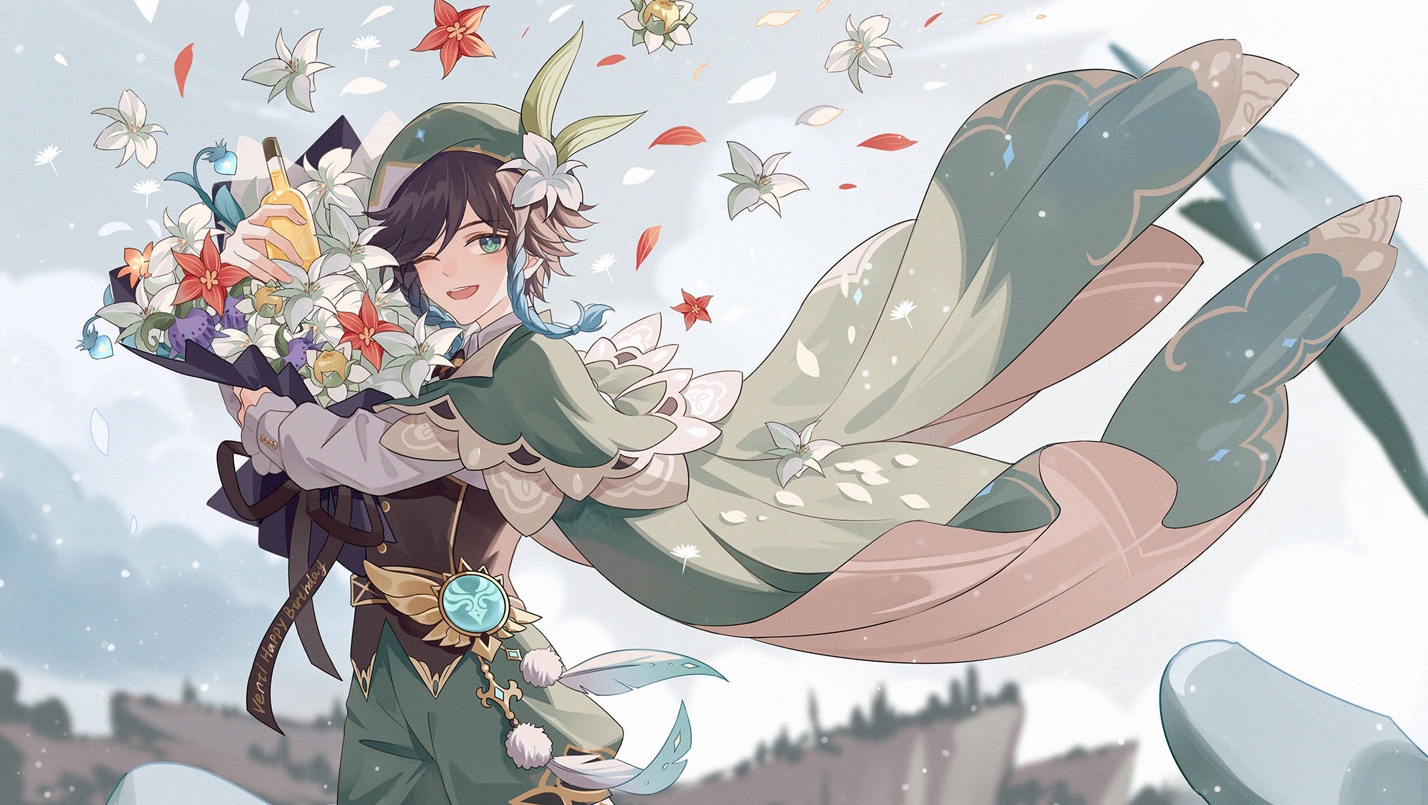 Genshin Venti con Flores Fondos de pantalla