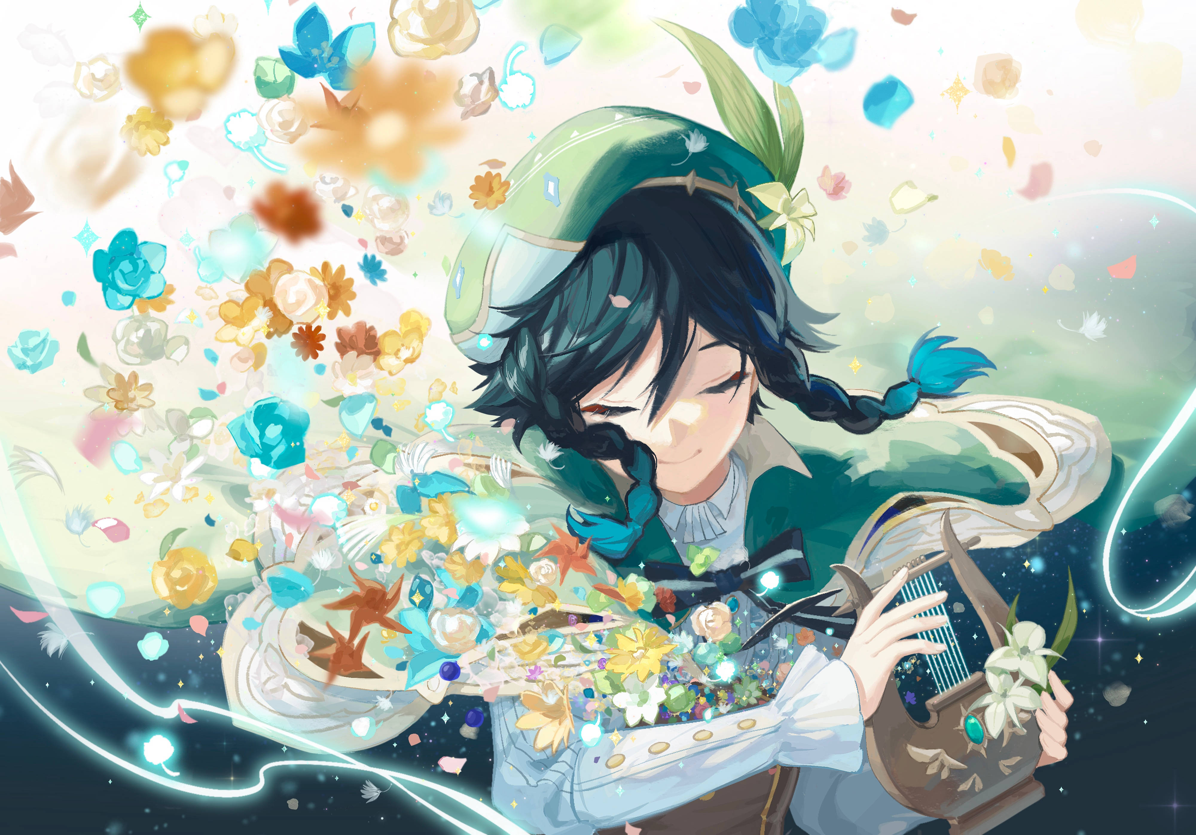 Genshin Venti con Flores Coloridas Fondos de pantalla