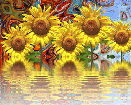 Girasoles vibrantes con fondo psicodélico y reflejo Fondos de pantalla