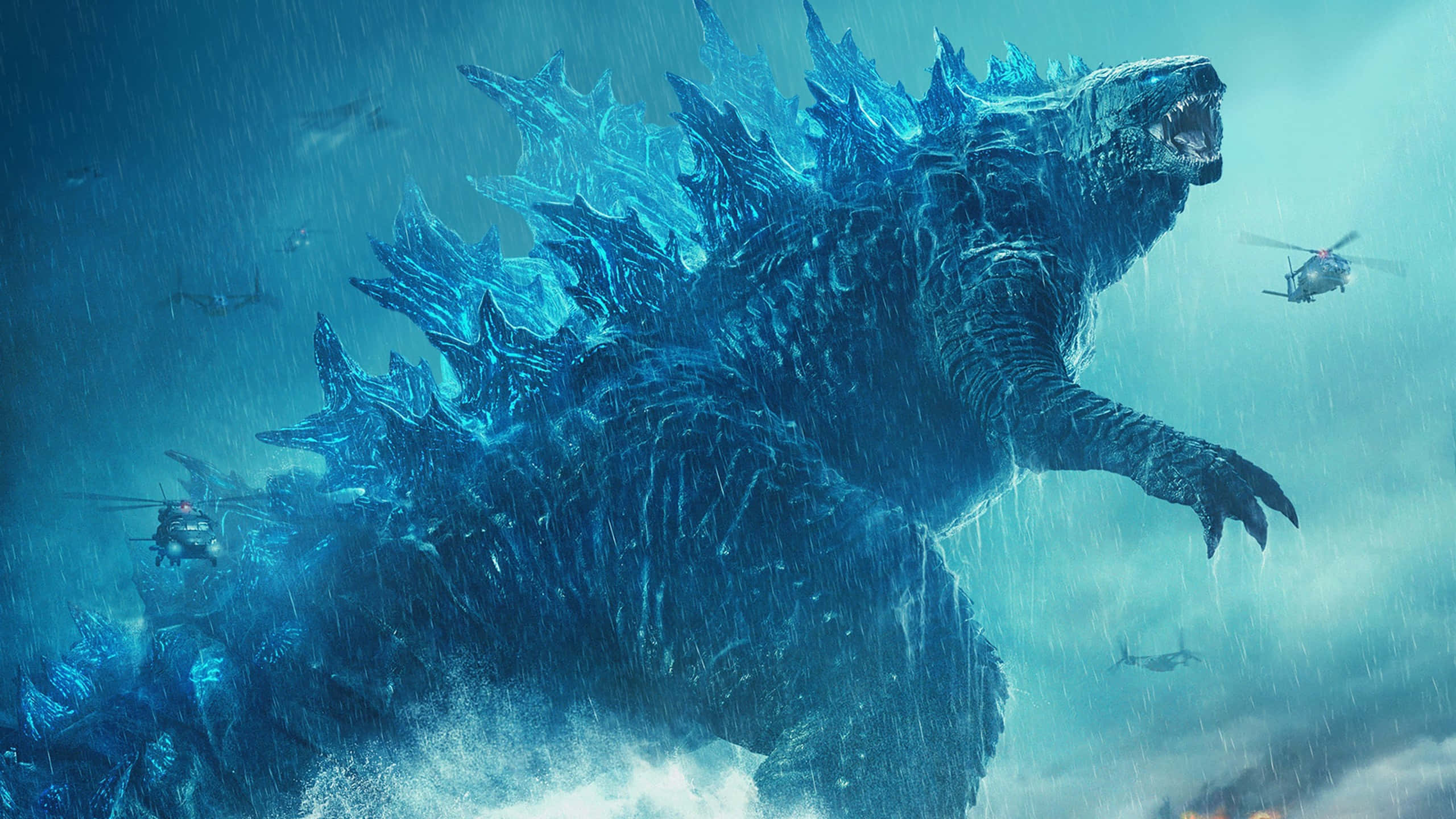 Godzilla con Luces Neón Azules y Helicópteros Fondos de pantalla