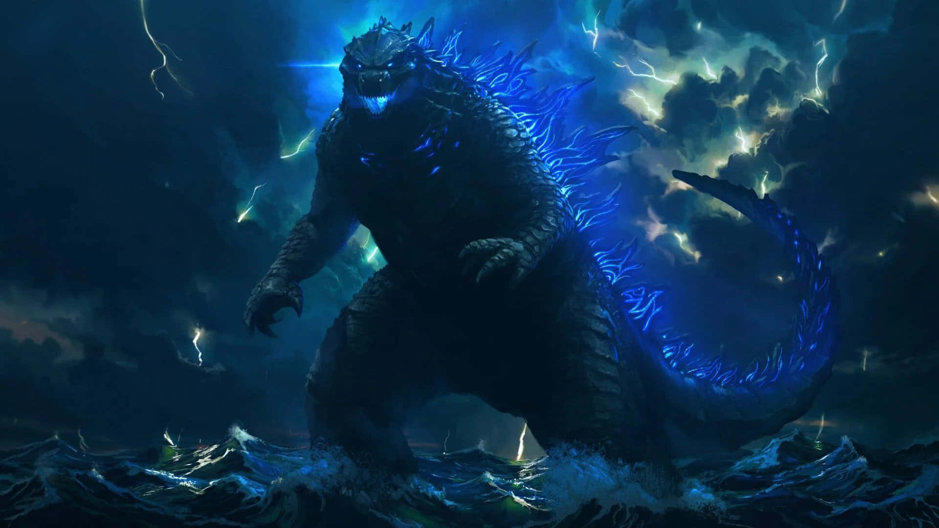 Godzilla con luz azul neón sobre el océano Fondos de pantalla
