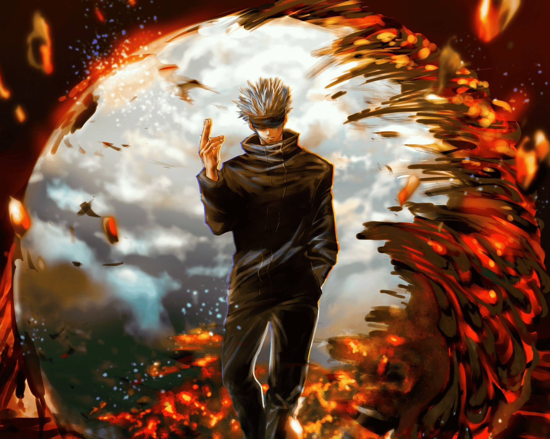 Satoru Gojo con lava en fondo de pantalla de anime de Jujutsu Kaisen