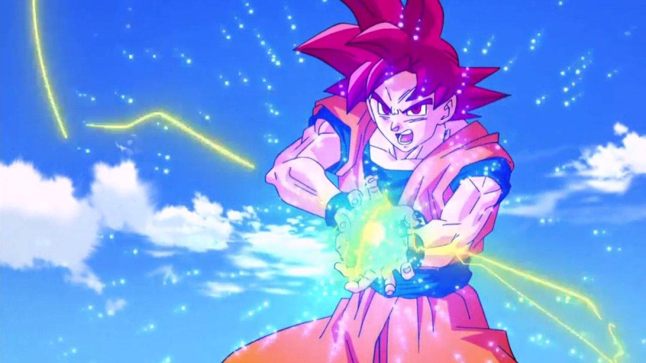 Dragon Ball Z Kamehameha onda de Goku con bola azul de fuego, anime super saiyajin.