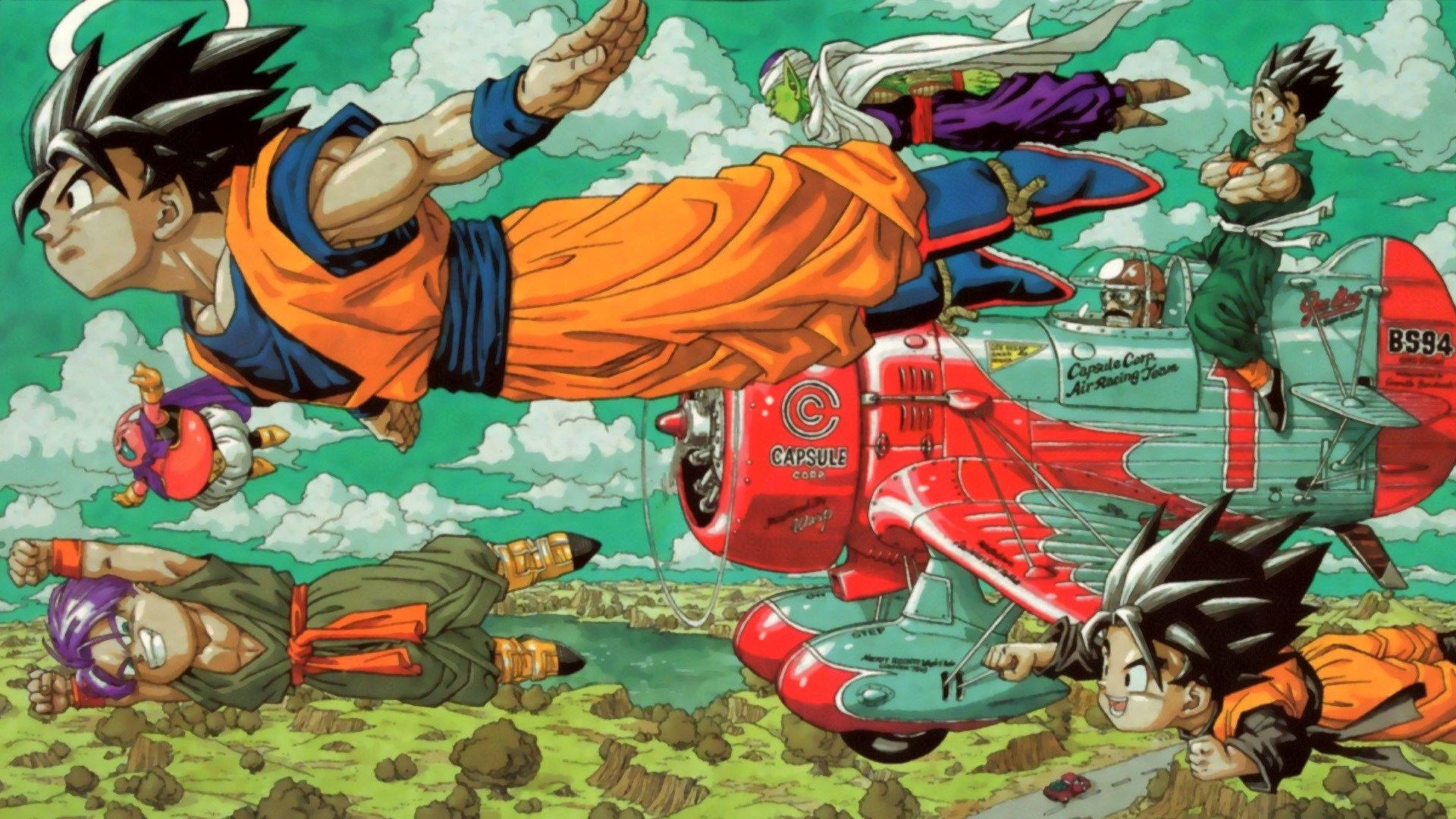 Dragon Ball Z Goku con Gohan y Goten volando con una máquina, personajes super saiyajin.
