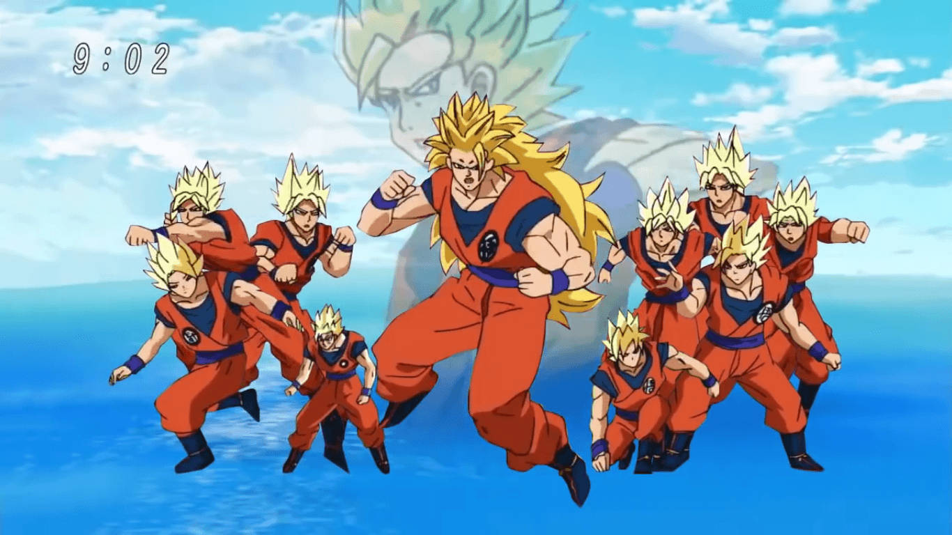 Dragon Ball Z San Goku super broly, múltiples super saiyajin en uno, personaje de anime con cabello amarillo puntiagudo.