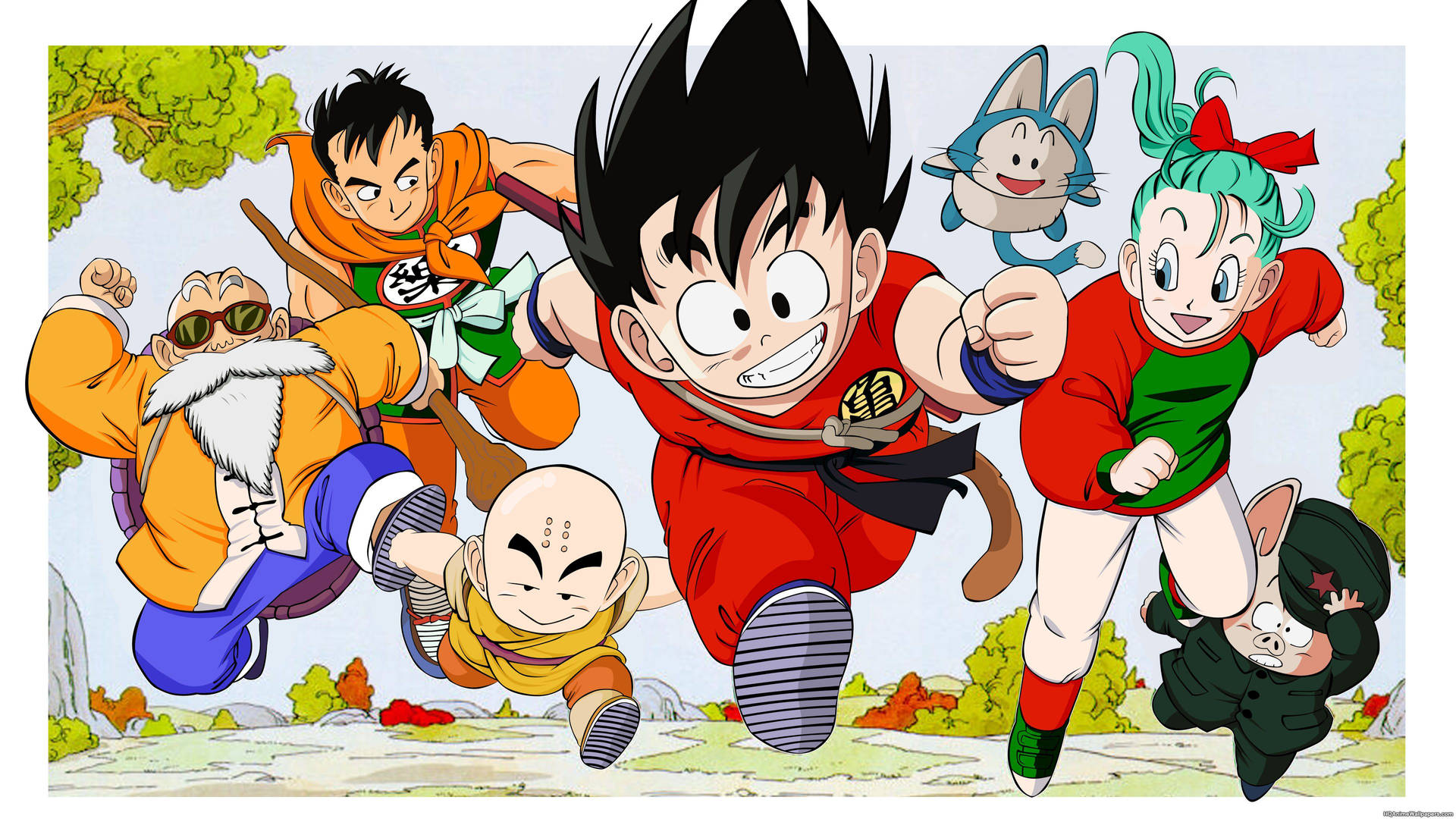 Joven San Goku y otros personajes de Dragon Ball Z corriendo en el planeta Namek.