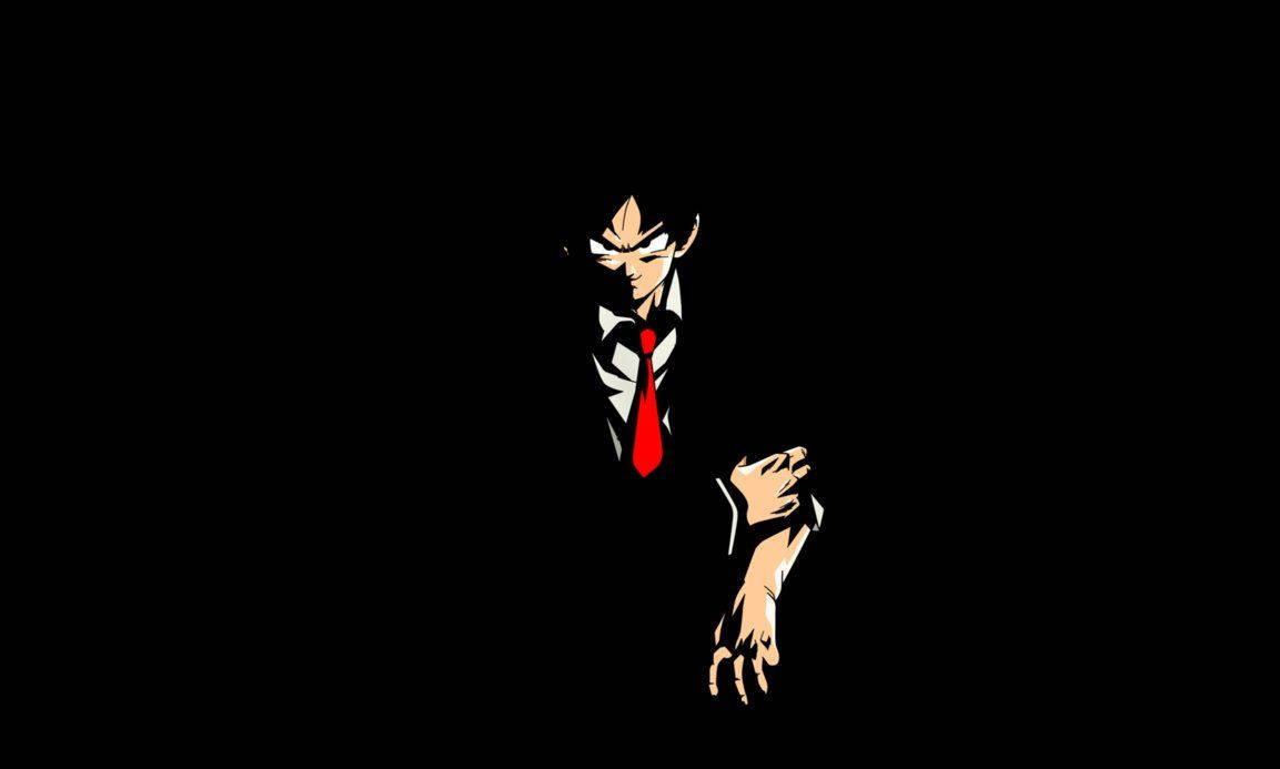 Fondo de pantalla de Goku en esmoquin negro y fondo negro.