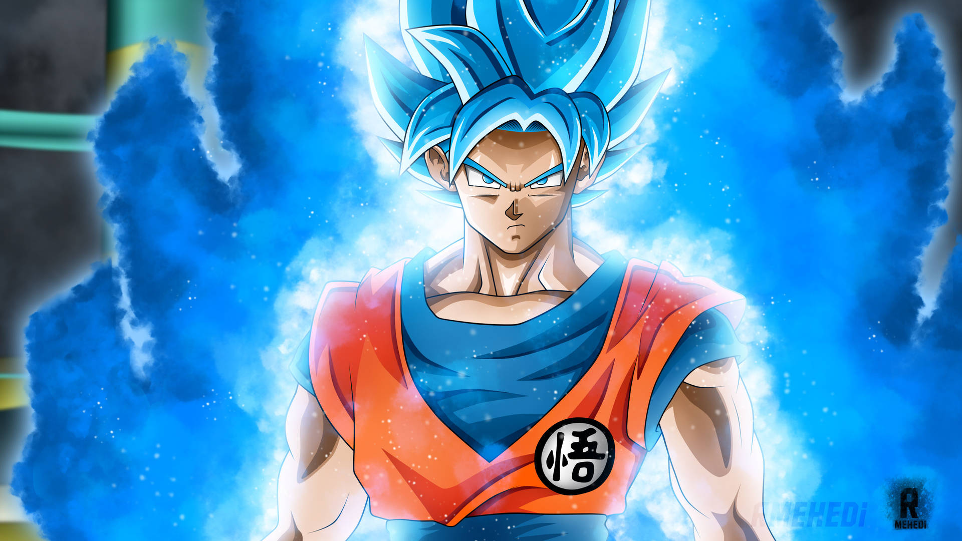 Fondo de pantalla de Son Goku emitiendo un enorme resplandor azul.