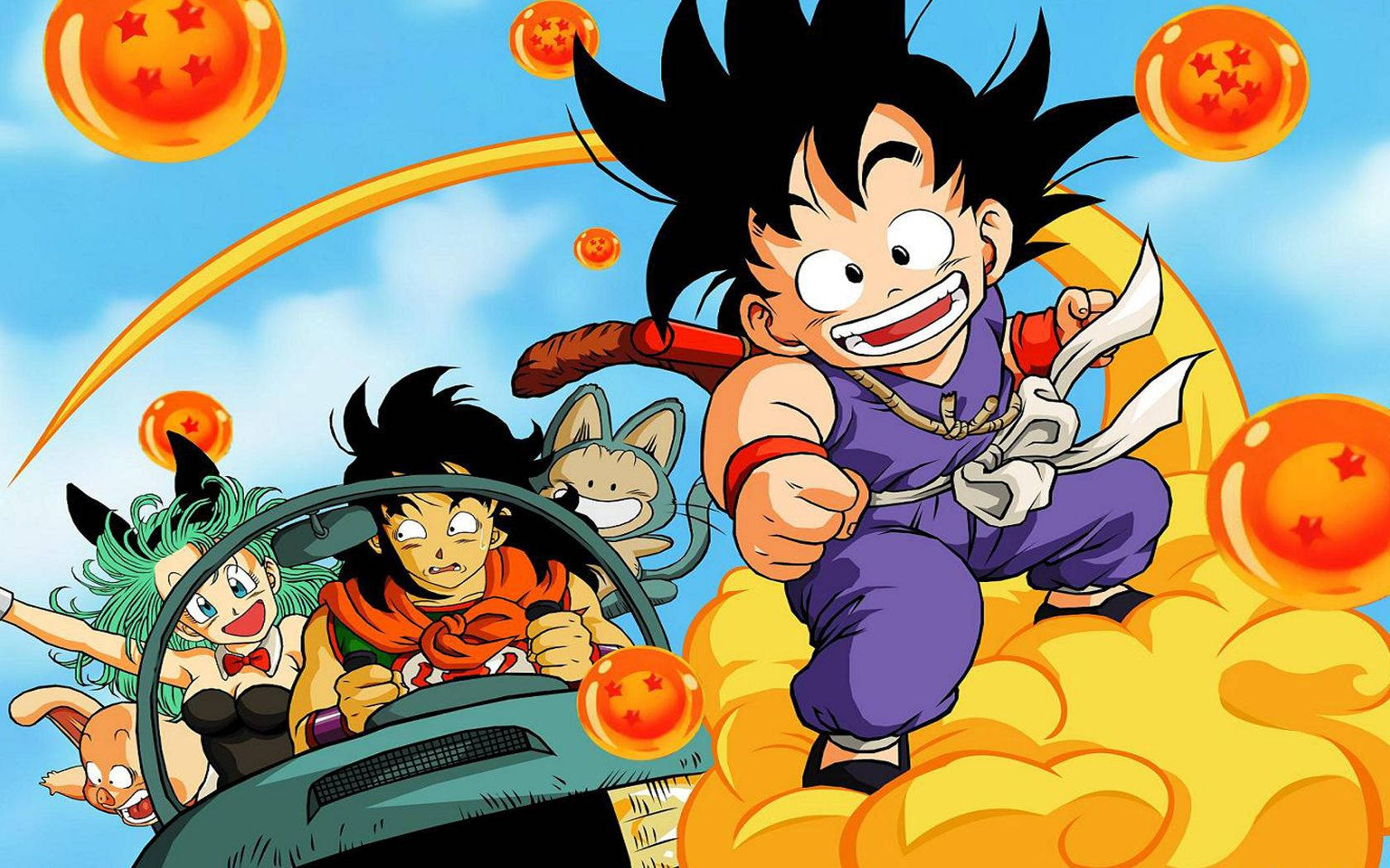 Dragon Ball Z Gohan con Maron y su esposo conduciendo un auto mientras el pequeño Gohan monta una nube voladora.