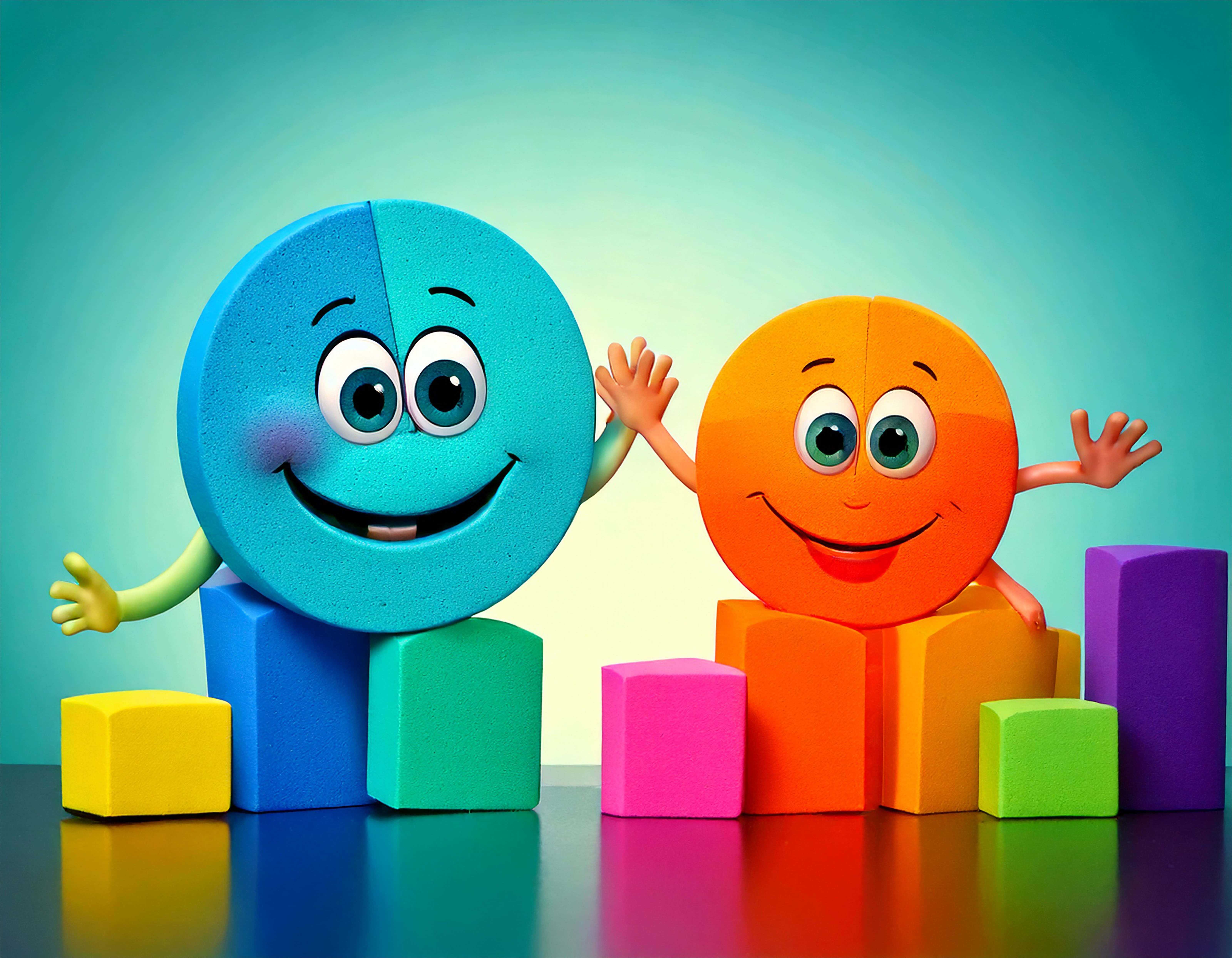 Gráficas de barras y pastel sonrientes con ojos y brazos chocando los cinco Fondos de pantalla