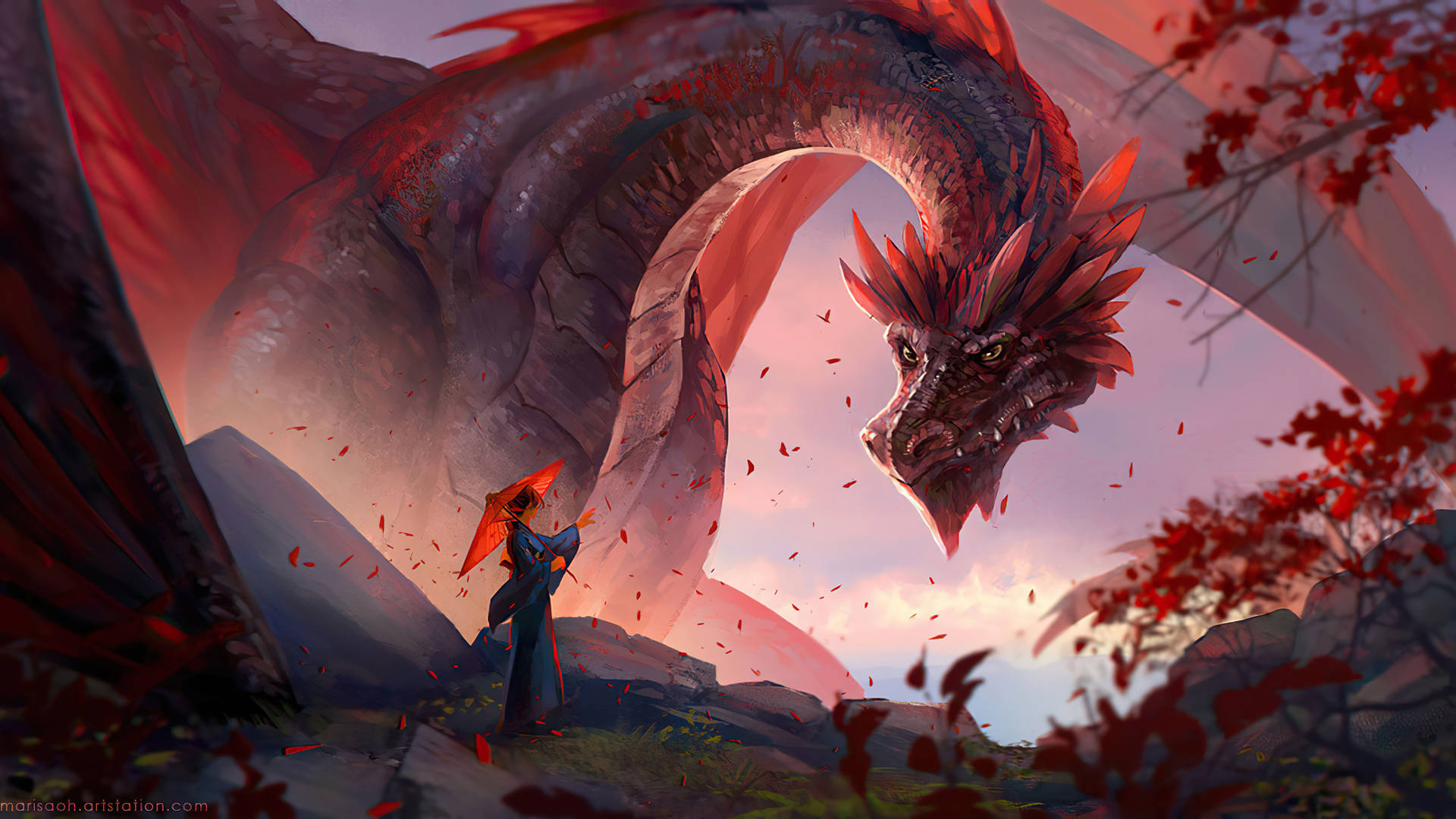 Gran dragón rojo con niña Fondos de pantalla