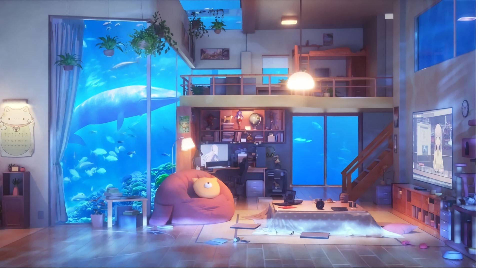 Habitación Anime con Acuario Fondos de pantalla