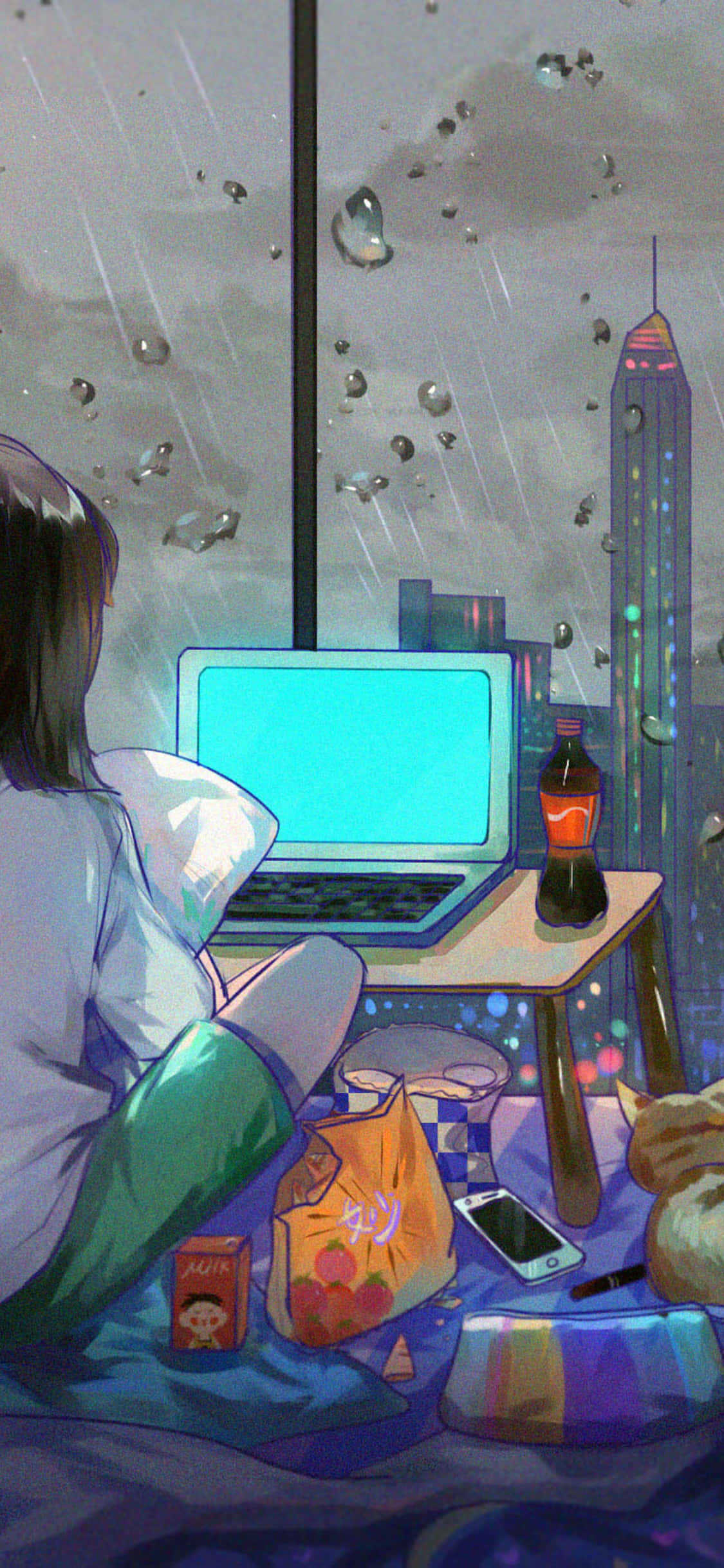 Habitación Anime Cautivadora con Vista Panorámica a la Ciudad Fondos de pantalla