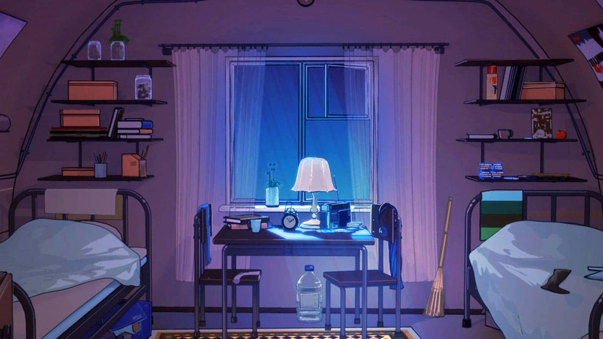 habitación con dos camas y un escritorio Fondos de pantalla