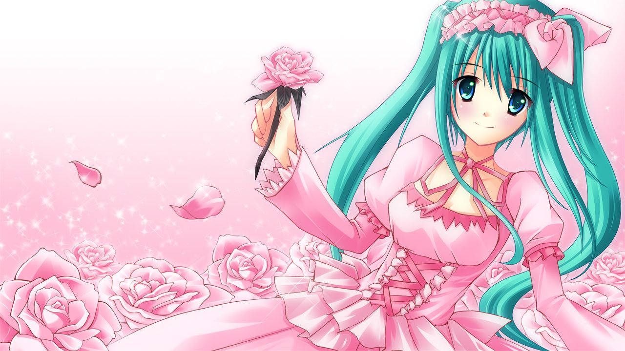 Hatsune Miku Anime Kawaii con Vestido Rosa y Rosas Fondos de pantalla