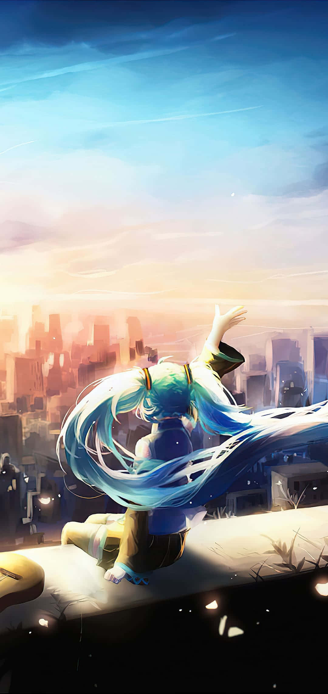 Hatsune Miku en azotea con vista a la ciudad para teléfono Fondos de pantalla