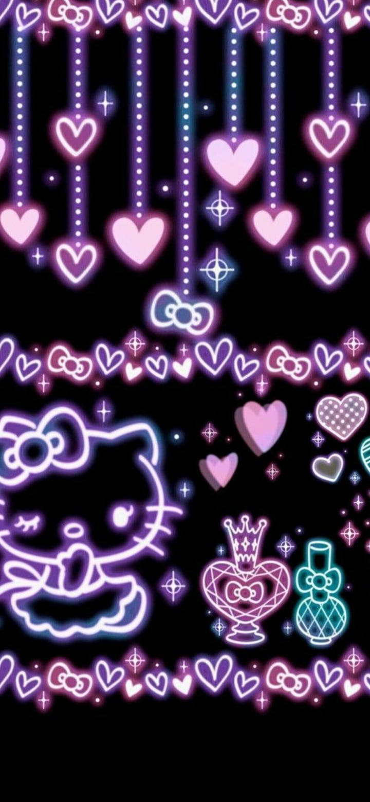 Hello Kitty morada neón sobre fondo negro Fondos de pantalla