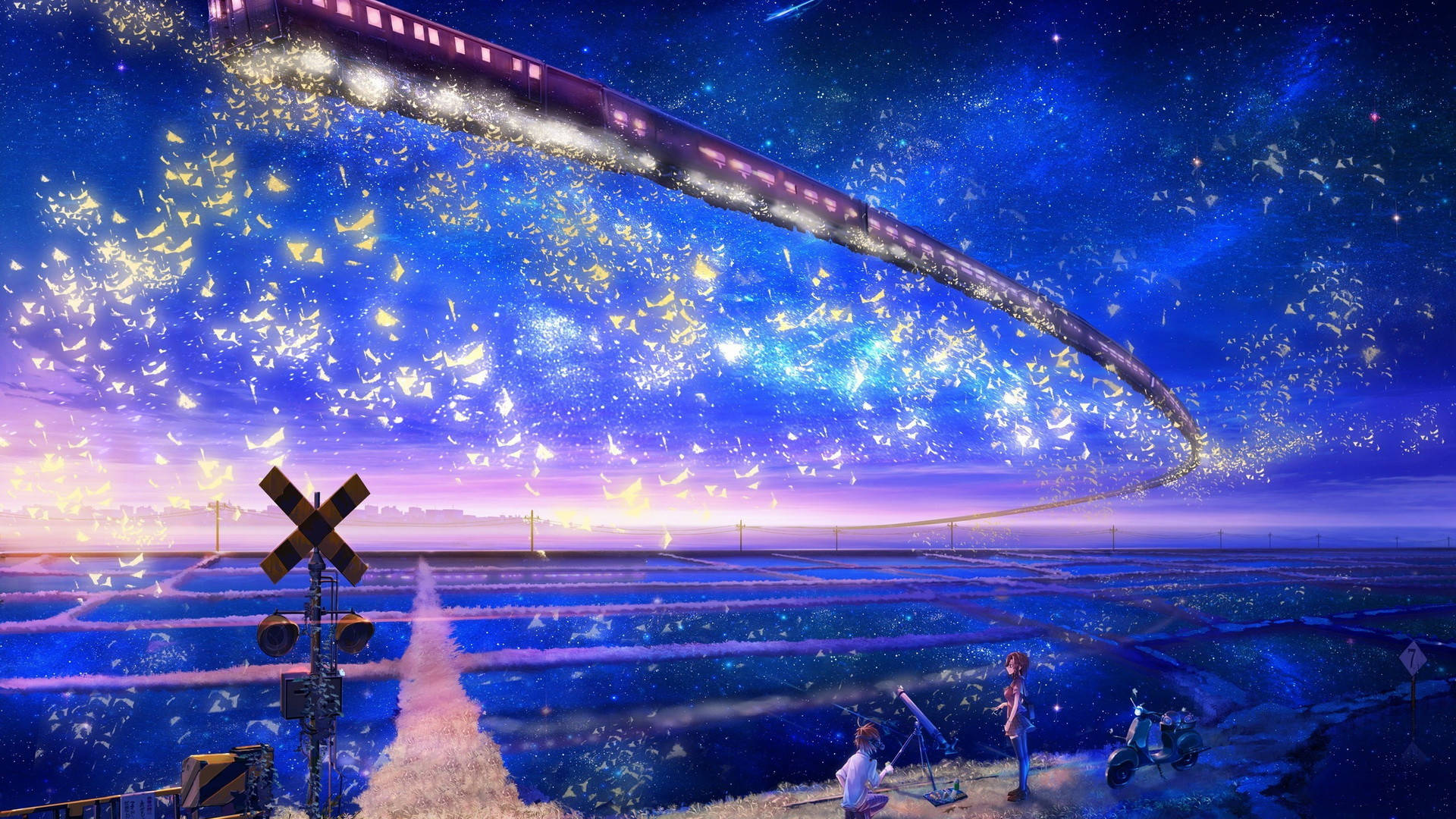 Hermosa pareja de anime contemplando el cielo mágico Fondos de pantalla