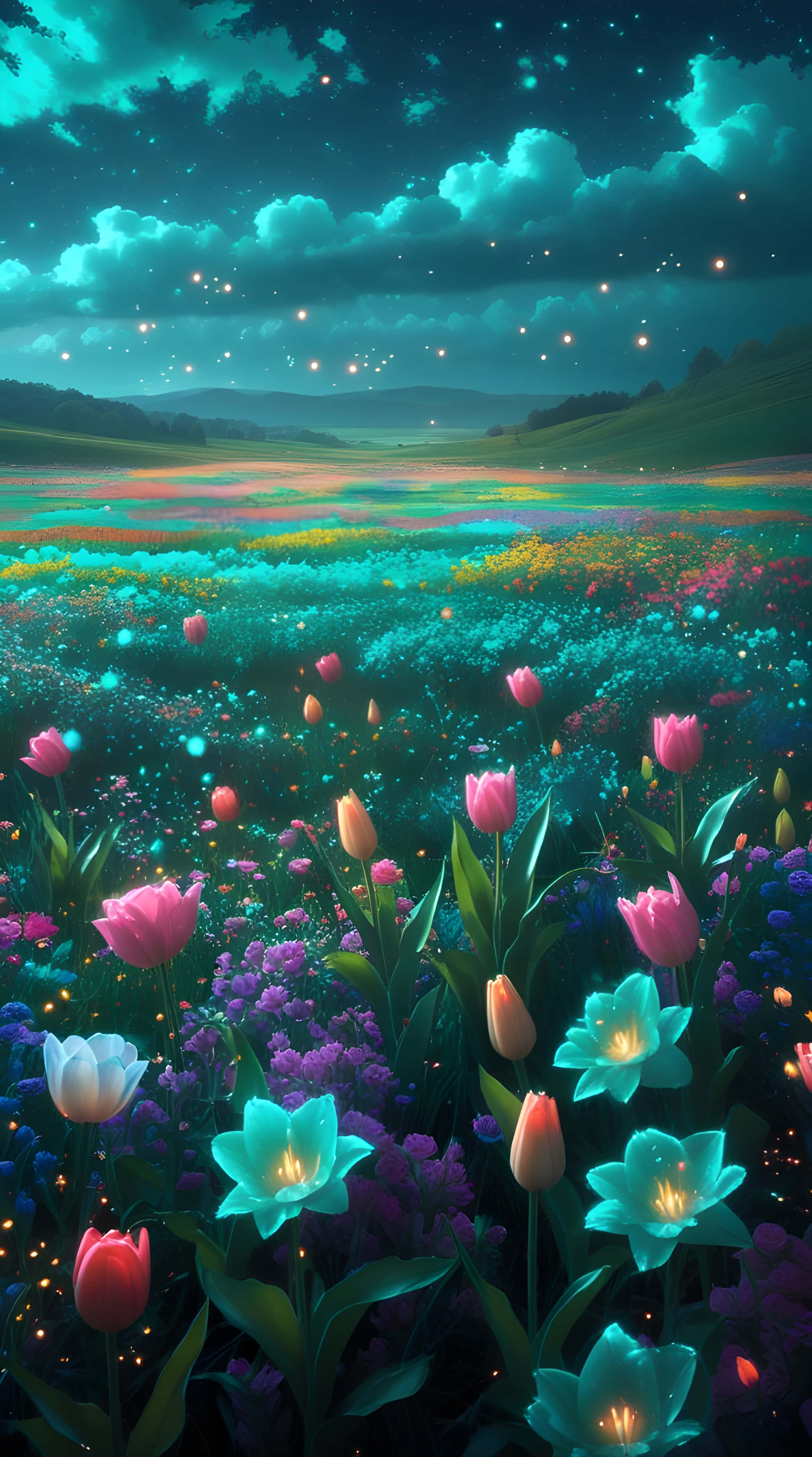 Hermoso paisaje nocturno de flores y naturaleza Fondos de pantalla