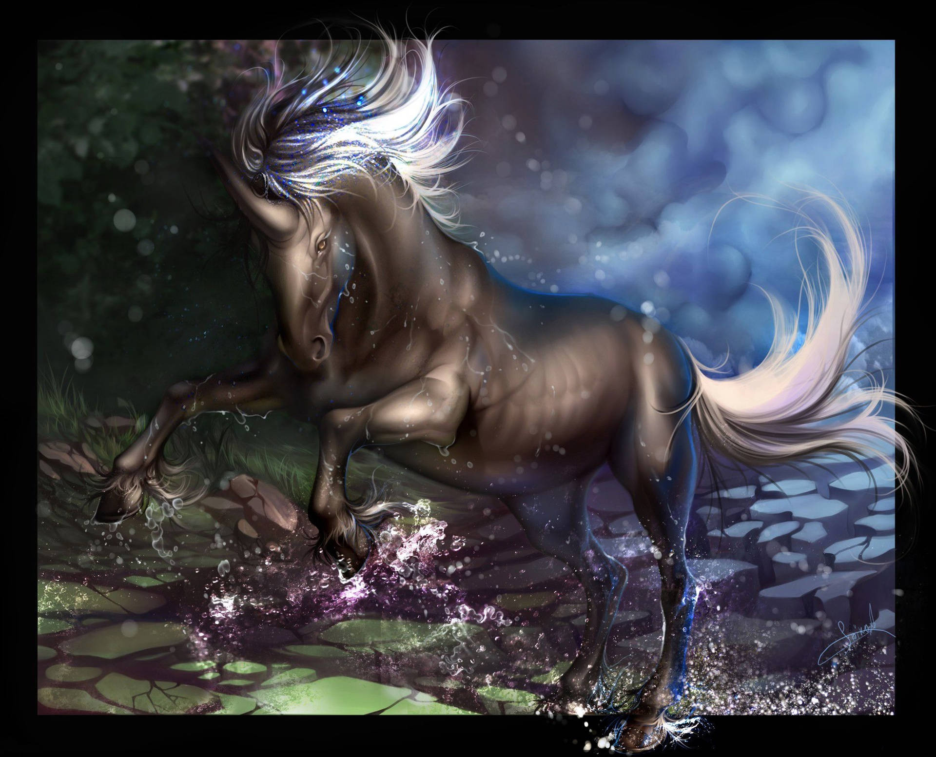 Cascos de unicornio galopando sobre salpicaduras de agua en un bosque oscuro.