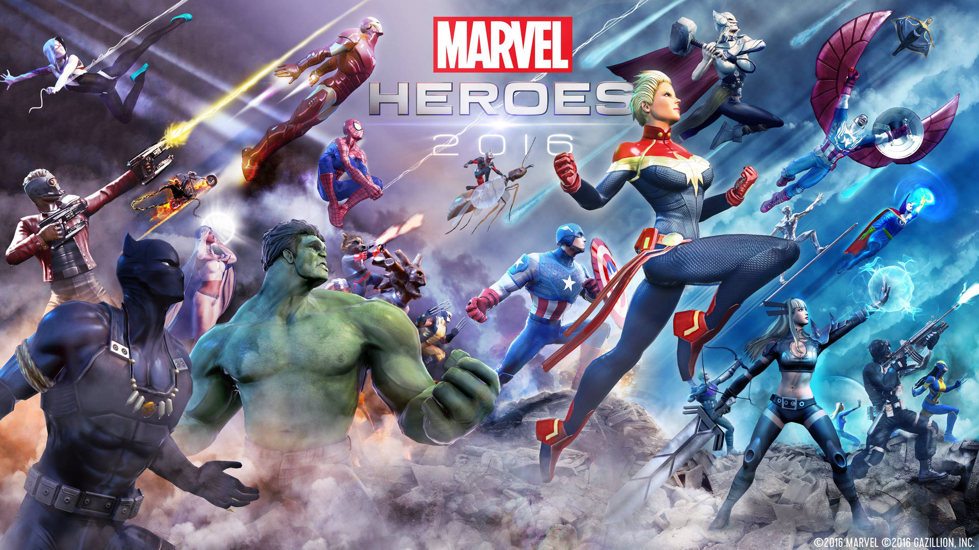 Superhéroes de Marvel 2016 mirando hacia arriba mientras atacan a los enemigos.