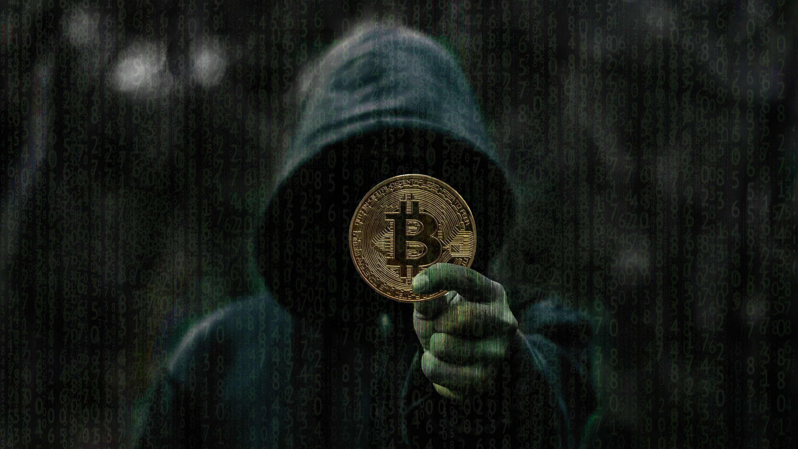 Hombre anónimo con fondo de criptomonedas Bitcoin Fondos de pantalla