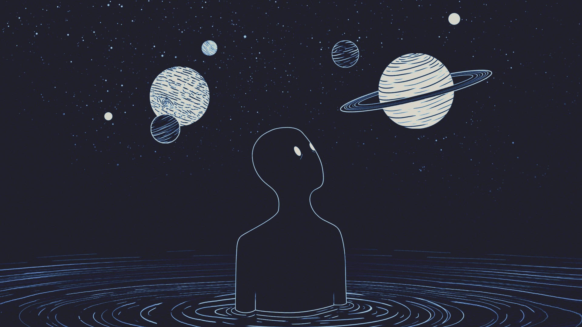 Hombre con Estética Indie Mirando Planetas desde una Laptop Fondos de pantalla