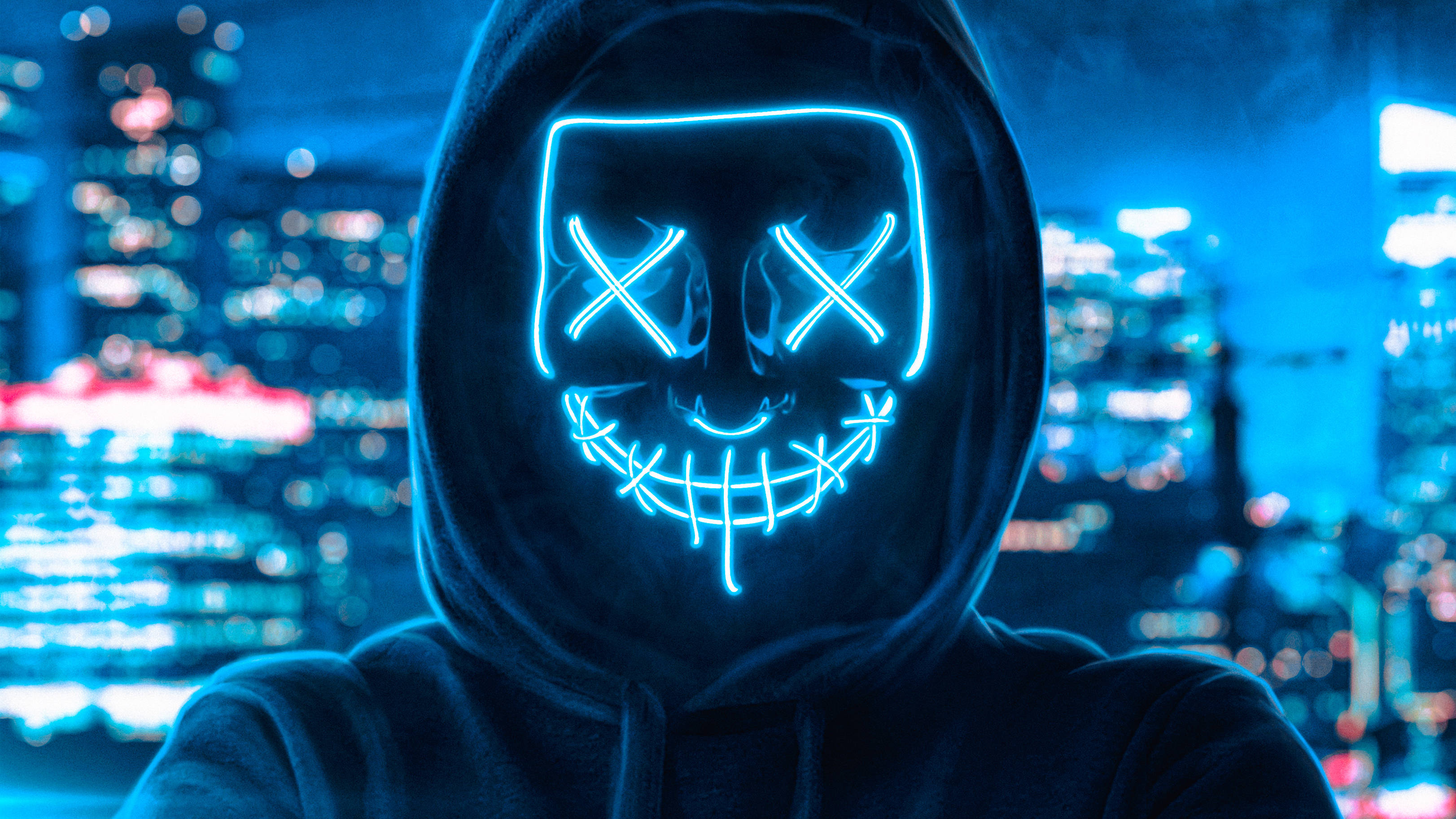 Hombre con máscara Purge de luz neón azul Fondos de pantalla