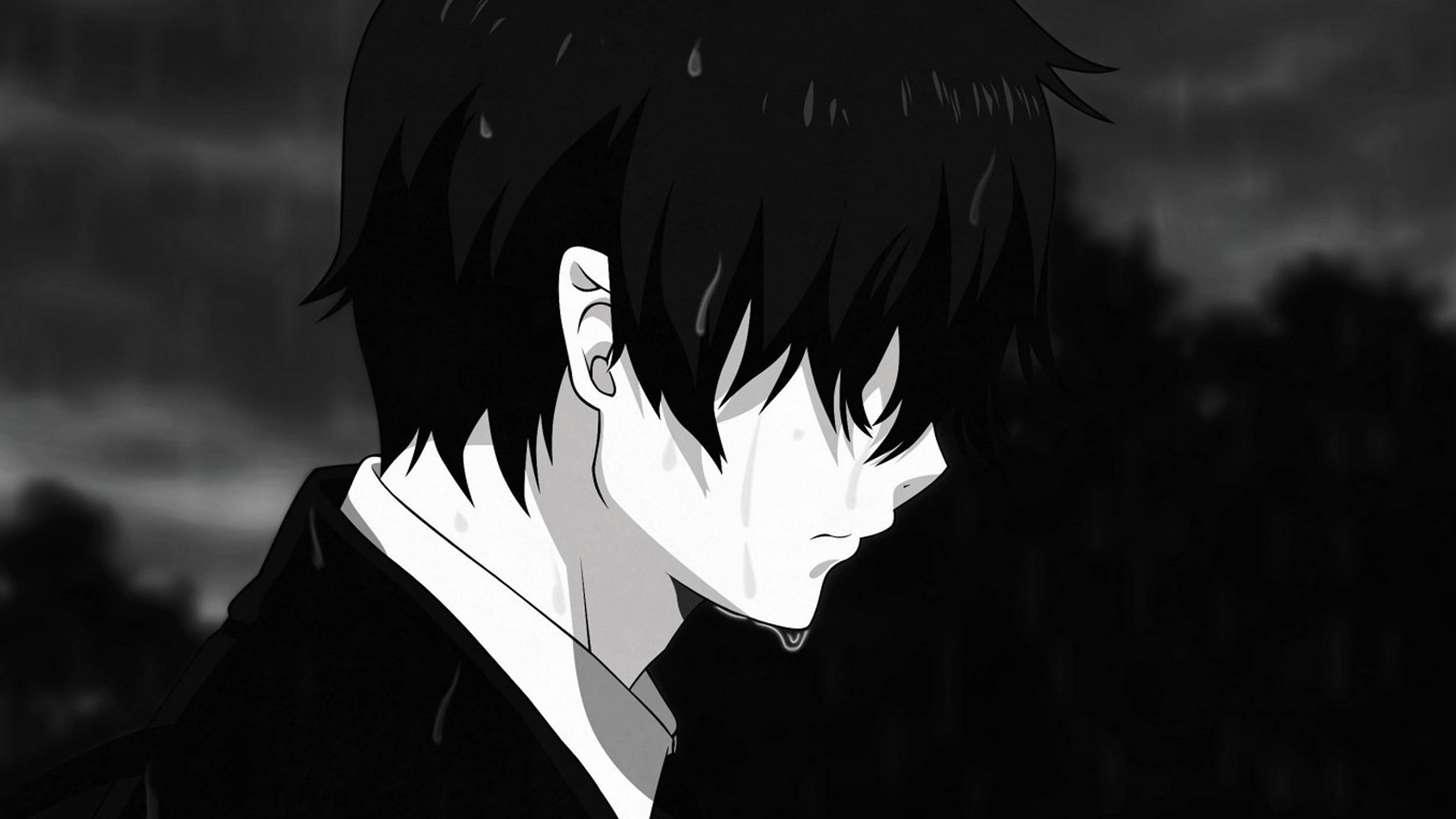 Hombre de anime triste llorando bajo la lluvia en 4K Fondos de pantalla