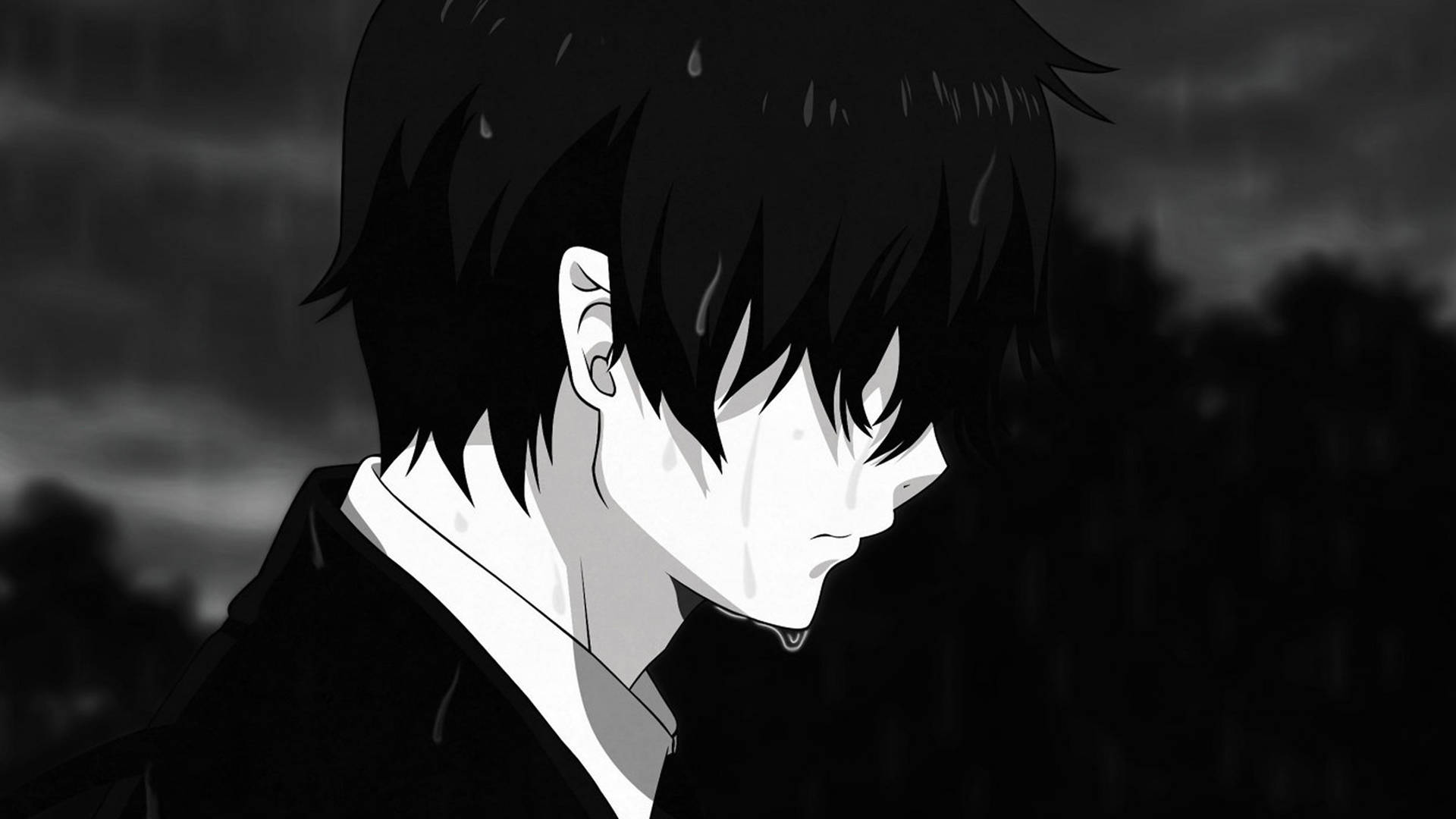 Hombre de anime triste llorando bajo la lluvia en 4K