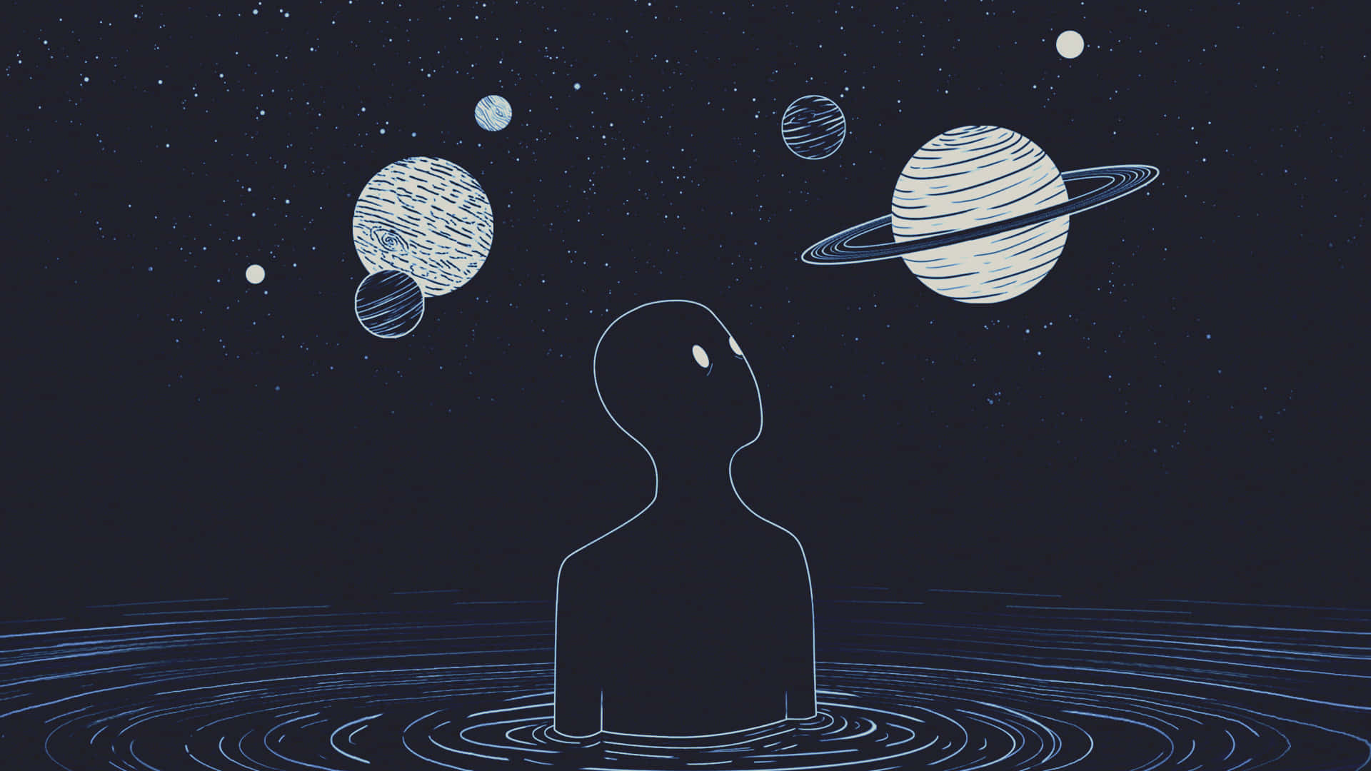 Hombre de PC con estética indie mirando planetas Fondos de pantalla