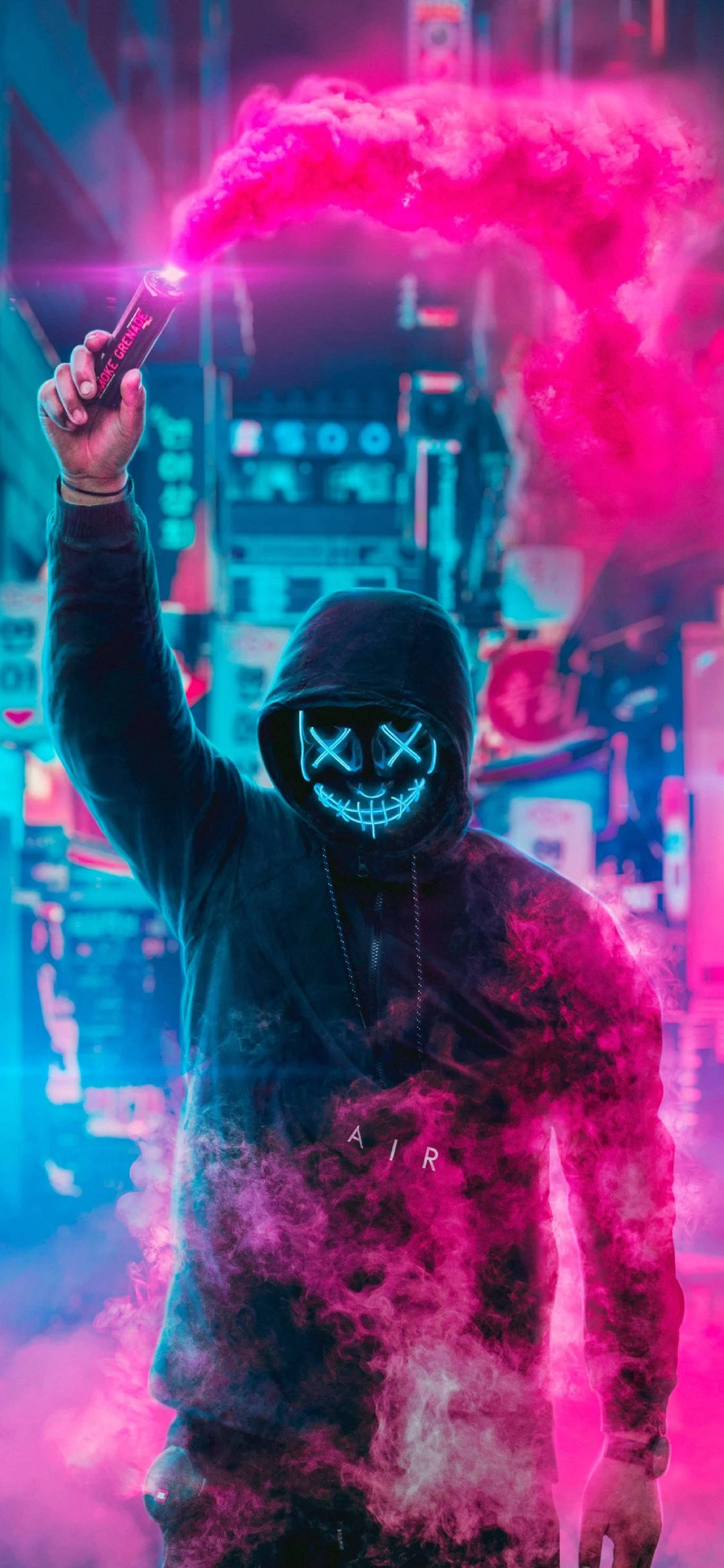 Hombre enmascarado con botella de humo y luz neón 4K para iPhone Fondos de pantalla
