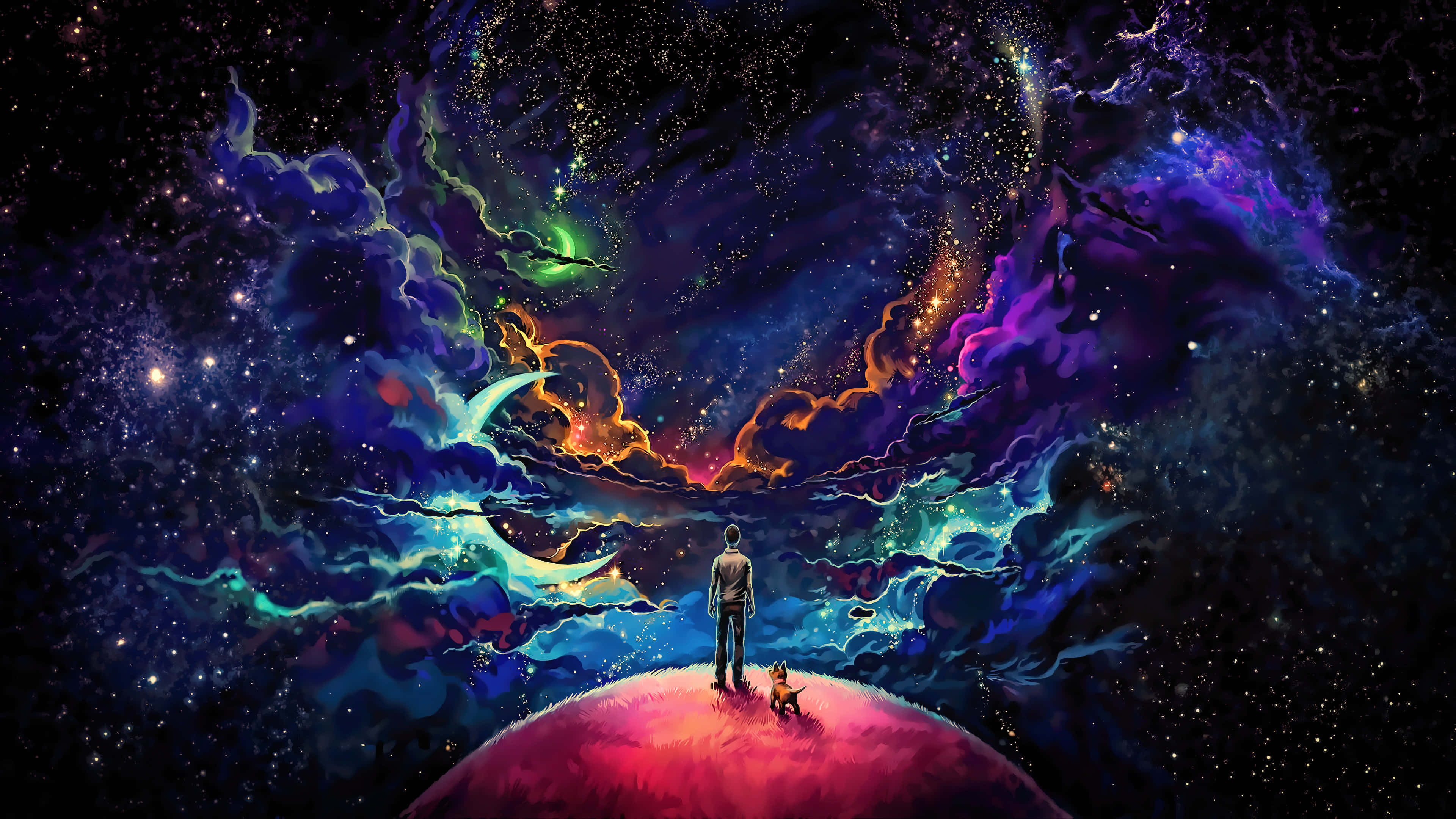 Hombre, Perro y Cosmos Fondo 4K Fondos de pantalla