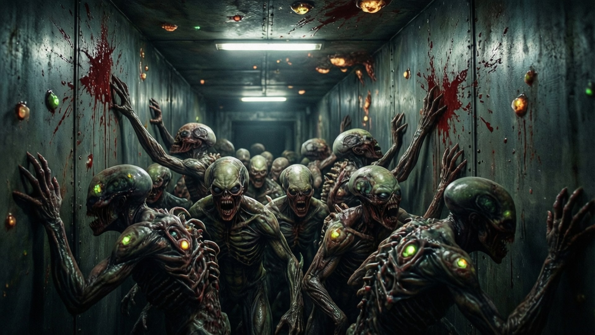 Una aterradora ola de necromorfos avanza por un estrecho pasillo de nave espacial.