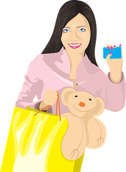 Ilustración de chica de compras con oso de peluche y tarjeta Fondos de pantalla