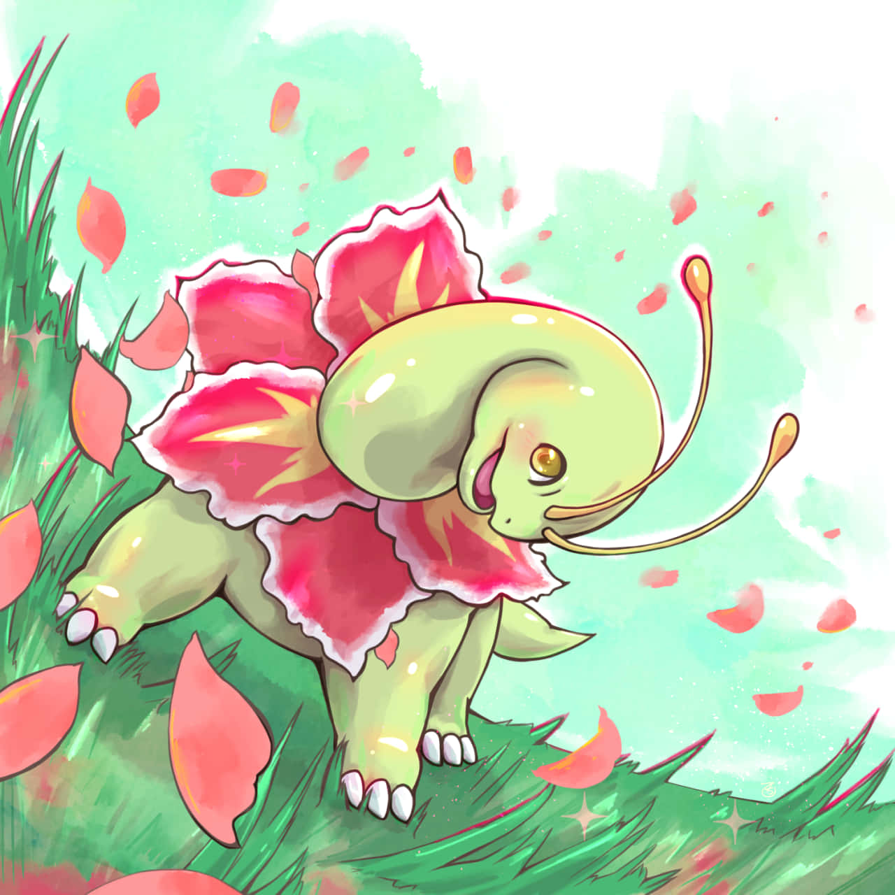 Ilustración de Meganium Pokémon en un Día Ventoso Fondos de pantalla