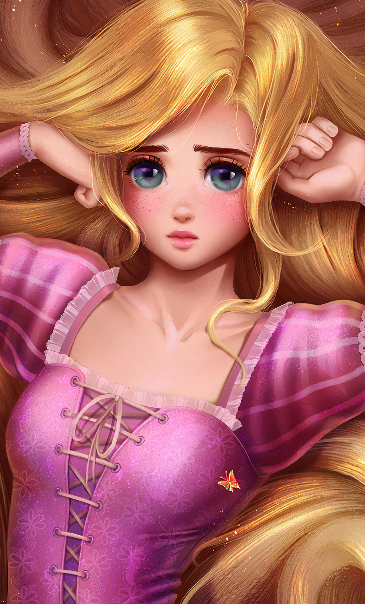 Ilustración encantadora de Rapunzel asomándose desde la ventana de su torre Fondos de pantalla
