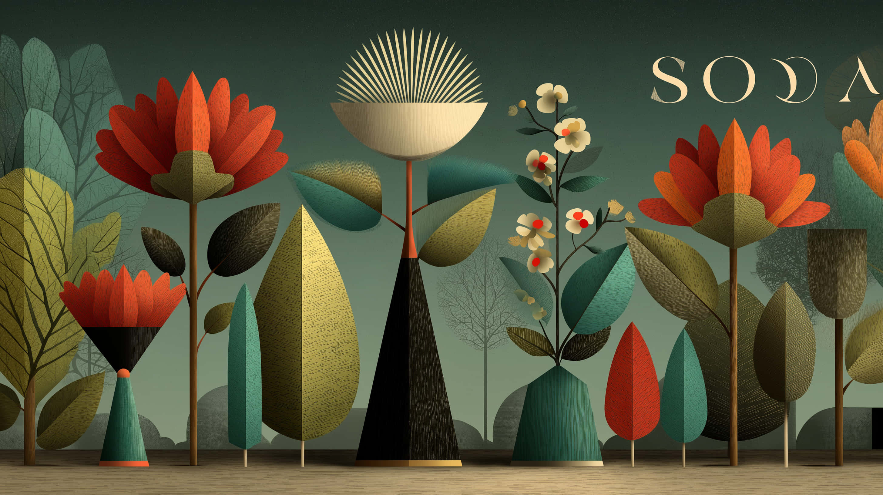 Ilustración retro floral de arte moderno de mediados de siglo Fondos de pantalla