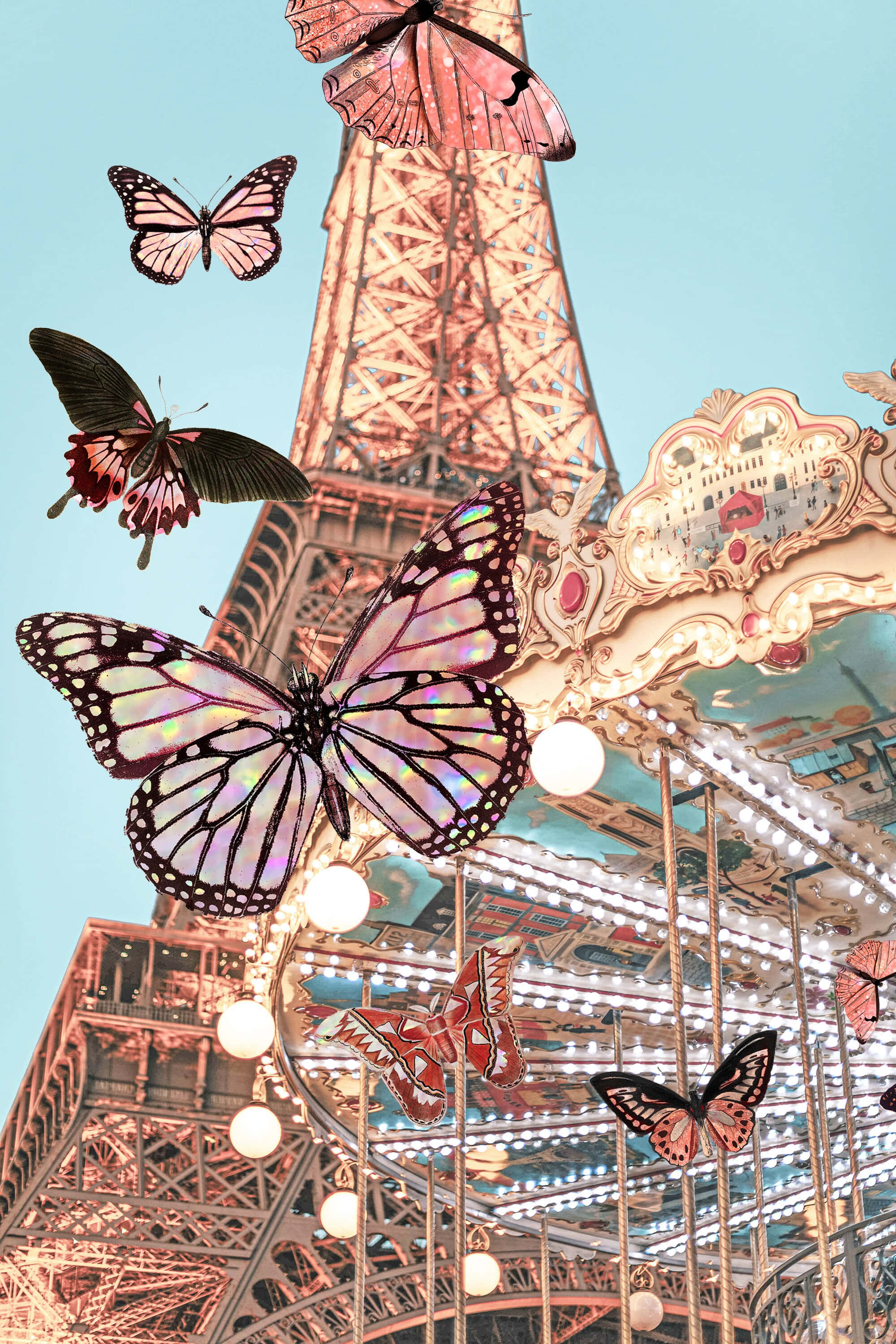 Imagen de la Torre Eiffel francesa con carrusel y mariposas Fondos de pantalla