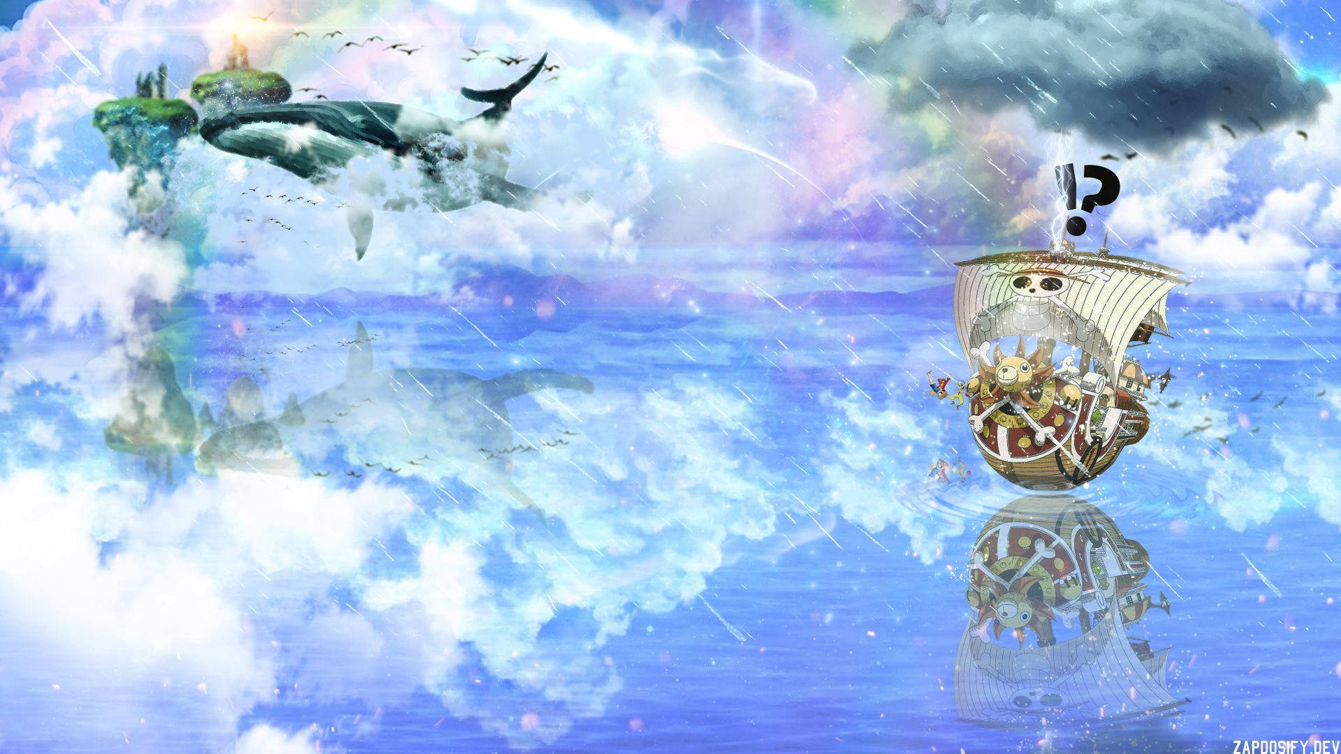 Fondo de pantalla del barco pirata de One Piece flotando en un mar estético