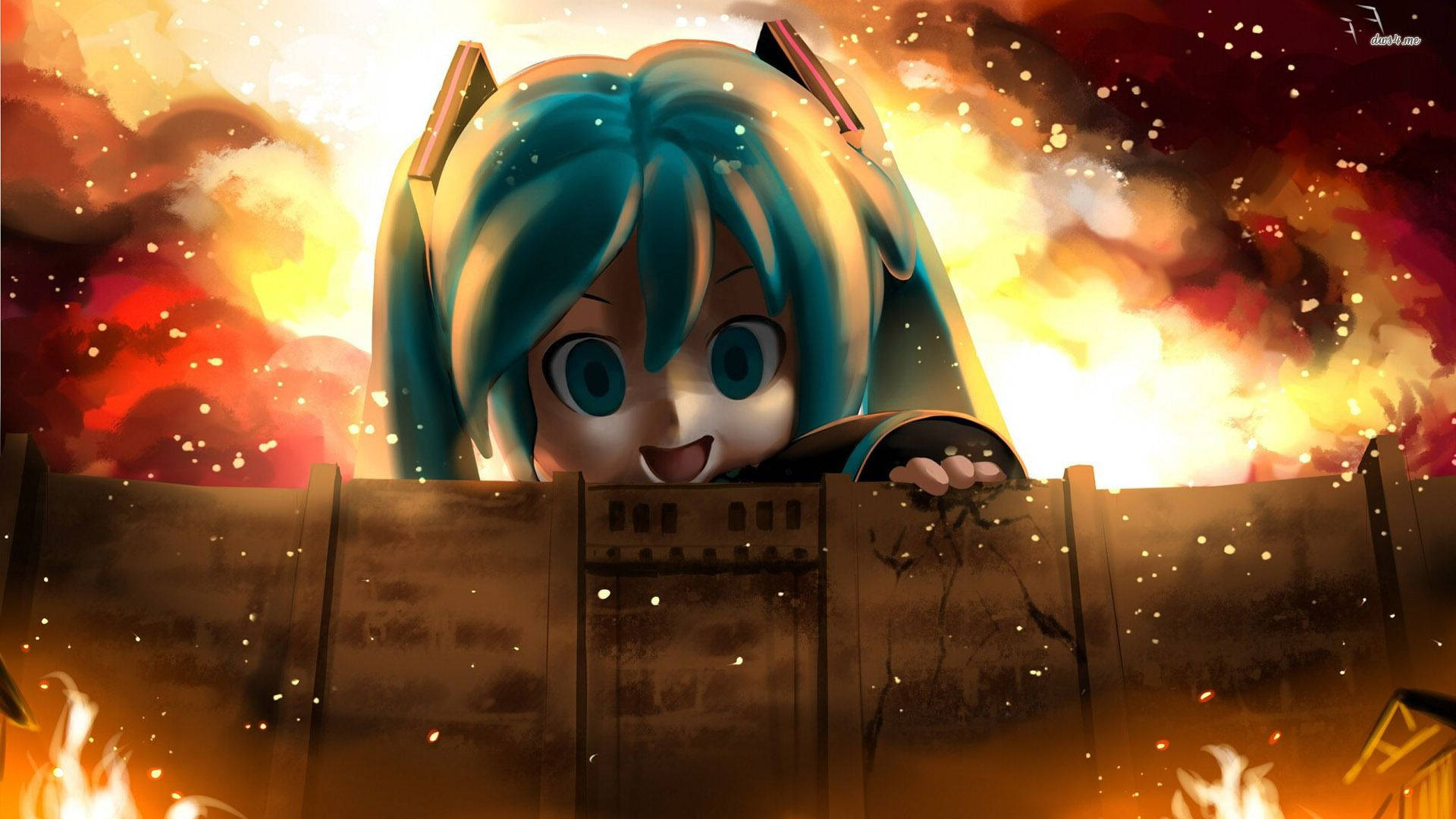 Miku Hatsune asomándose sobre el muro mientras el Titán Colosal en un fondo de pantalla de fan art crossover de Ataque a los Titanes.