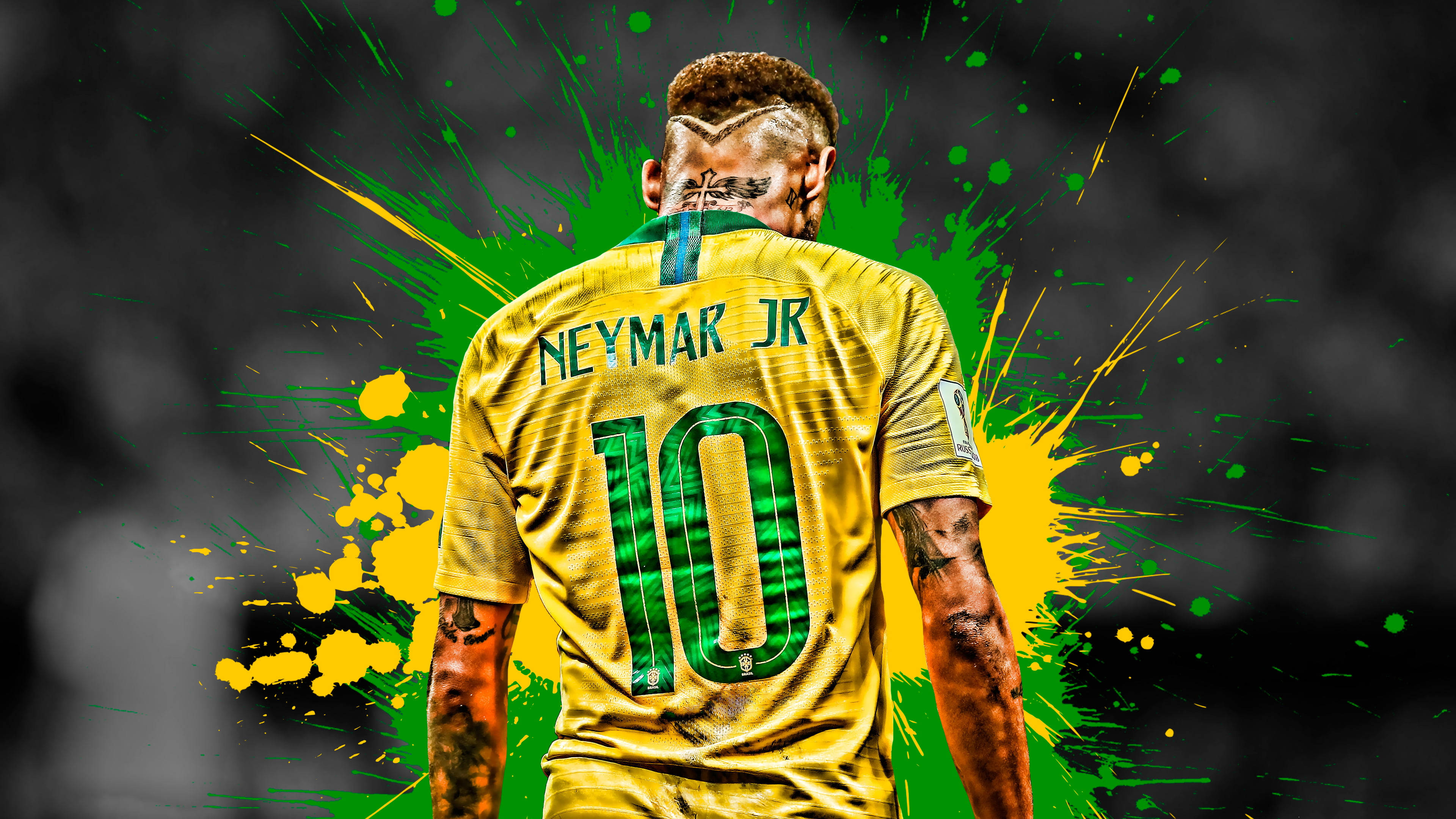 Imagen vibrante en 4K de Neymar Jr. con fondo de pintura salpicada Fondos de pantalla