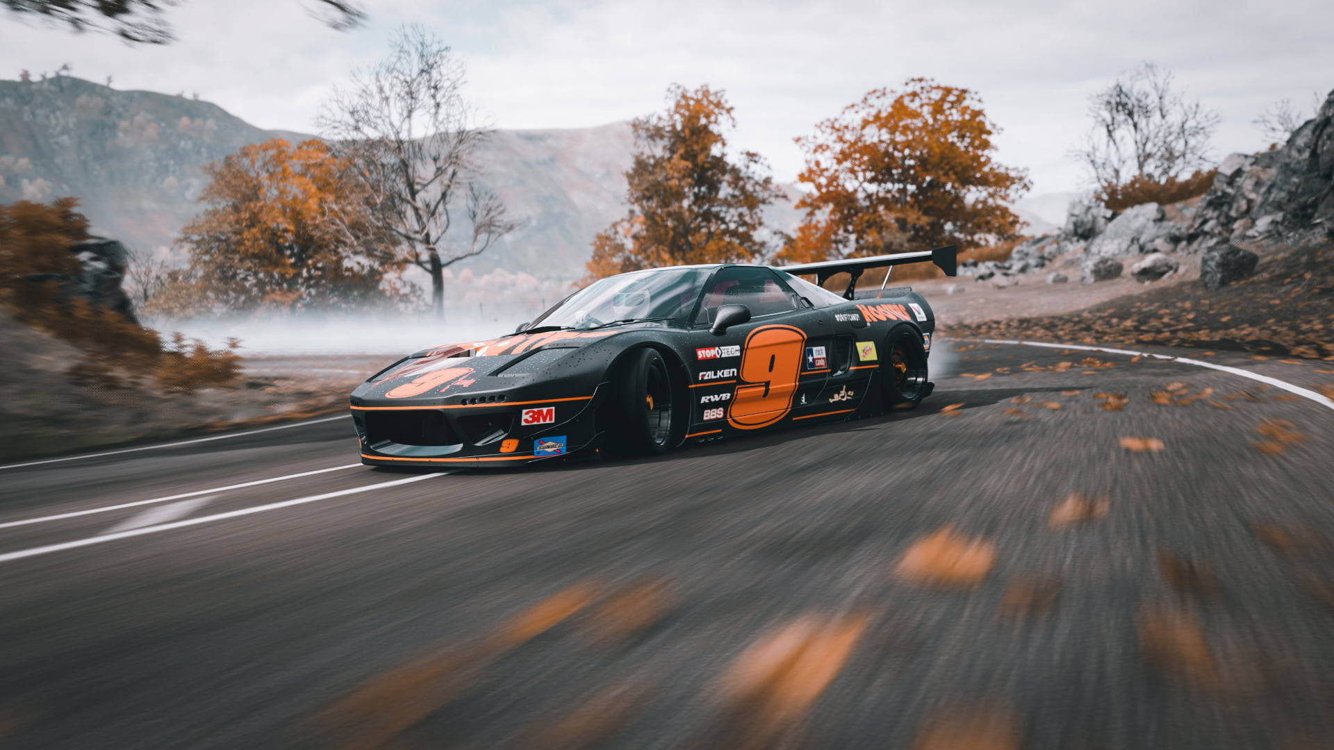 Impresionante Honda NSX naranja y negro destacando en carreras de drift Fondos de pantalla