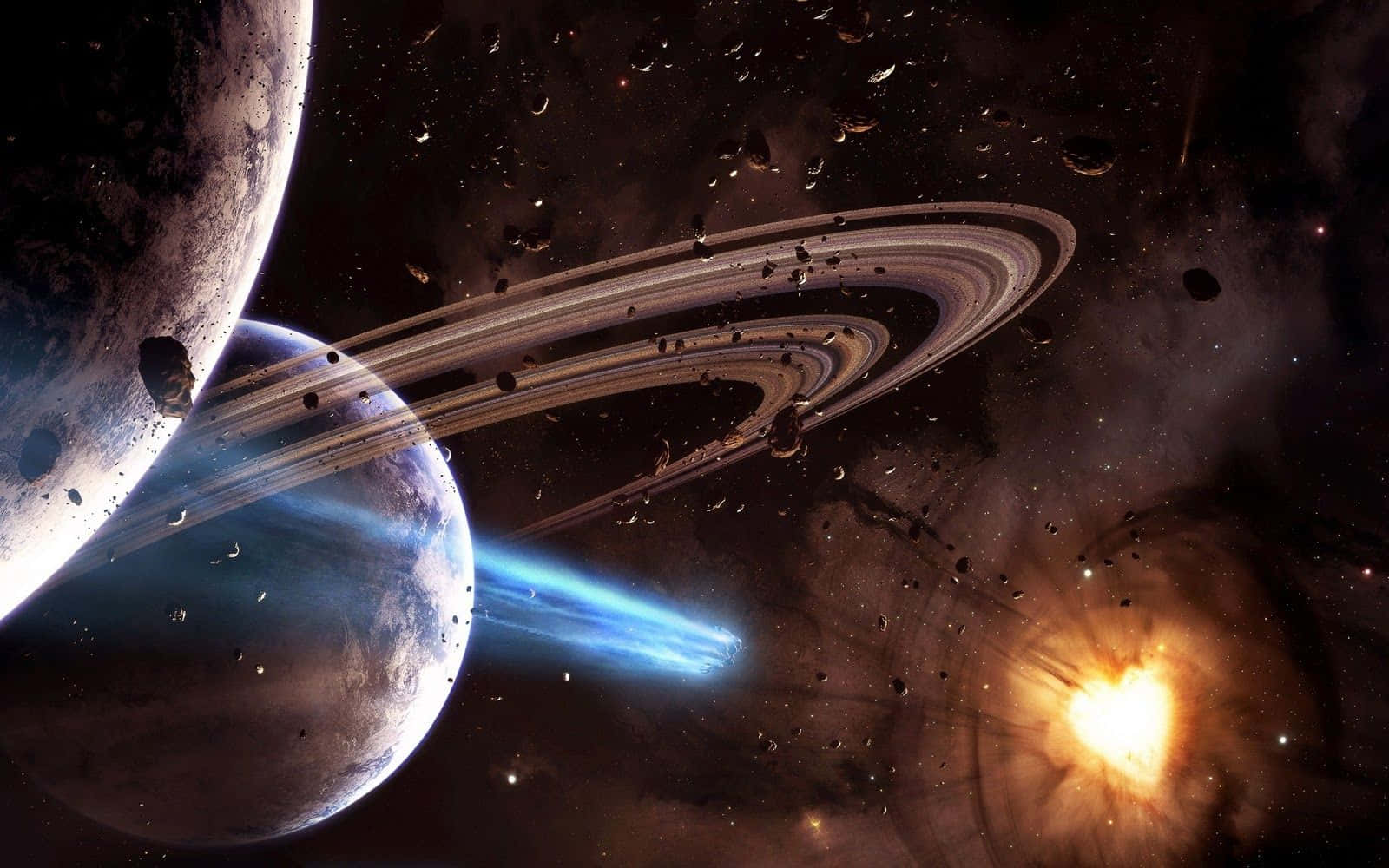 Impresionante vista del espacio exterior con planetas, estrellas y nebulosa Fondos de pantalla